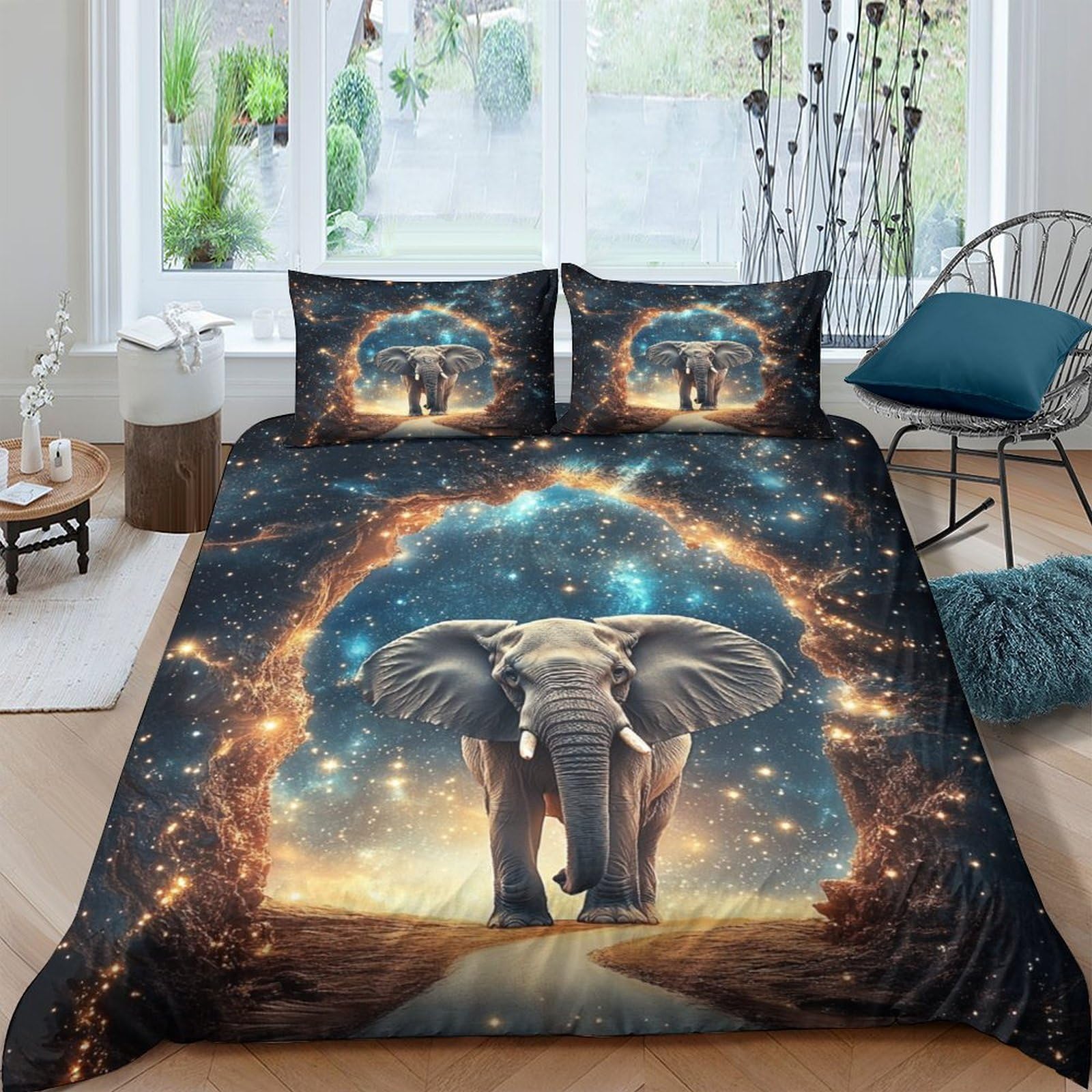 Elefante Impressione 3D 3 pz fodera per edredone Fantasia del portale cosmico coperteletto microfibra ipoallergenica zip per bambini adolescenti adulti King（220x240cm）