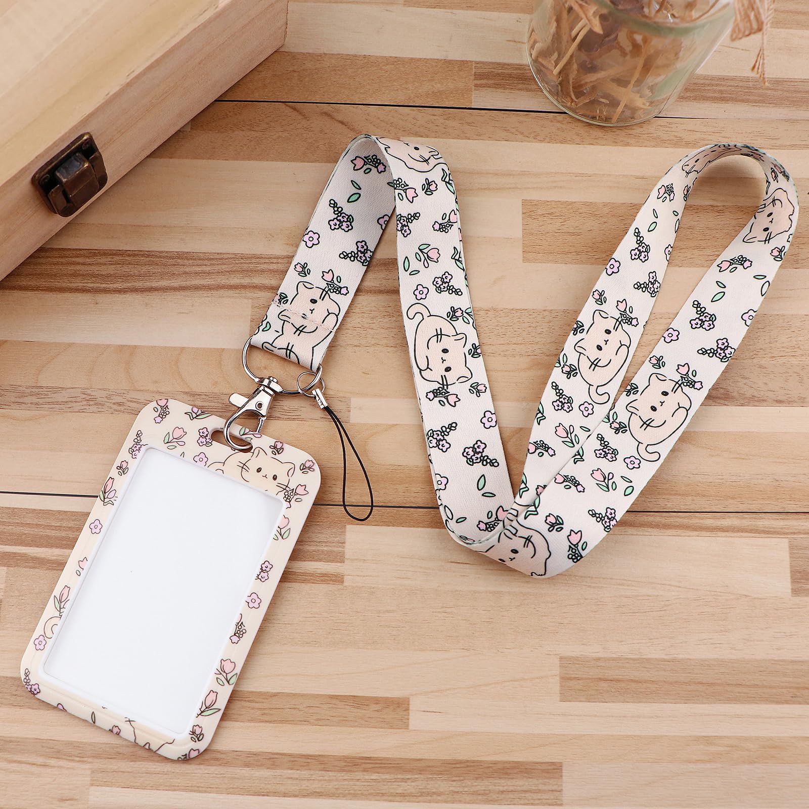 juanooo Cute Cats ID Card Holder Lanyard Aesthetic Floral Neck Lanyard Strap for Keys for Women Girls Kids Preppy School Student ID - Image 2