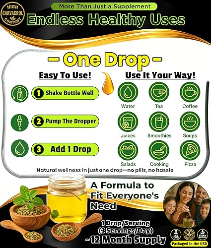Miniatura 5 de Gotas de aceite de orégano orgánico 1,000 porciones, suministro para 12 meses, aceite silvestre de orégano 9X Carvacrol, apoyo inmunológico