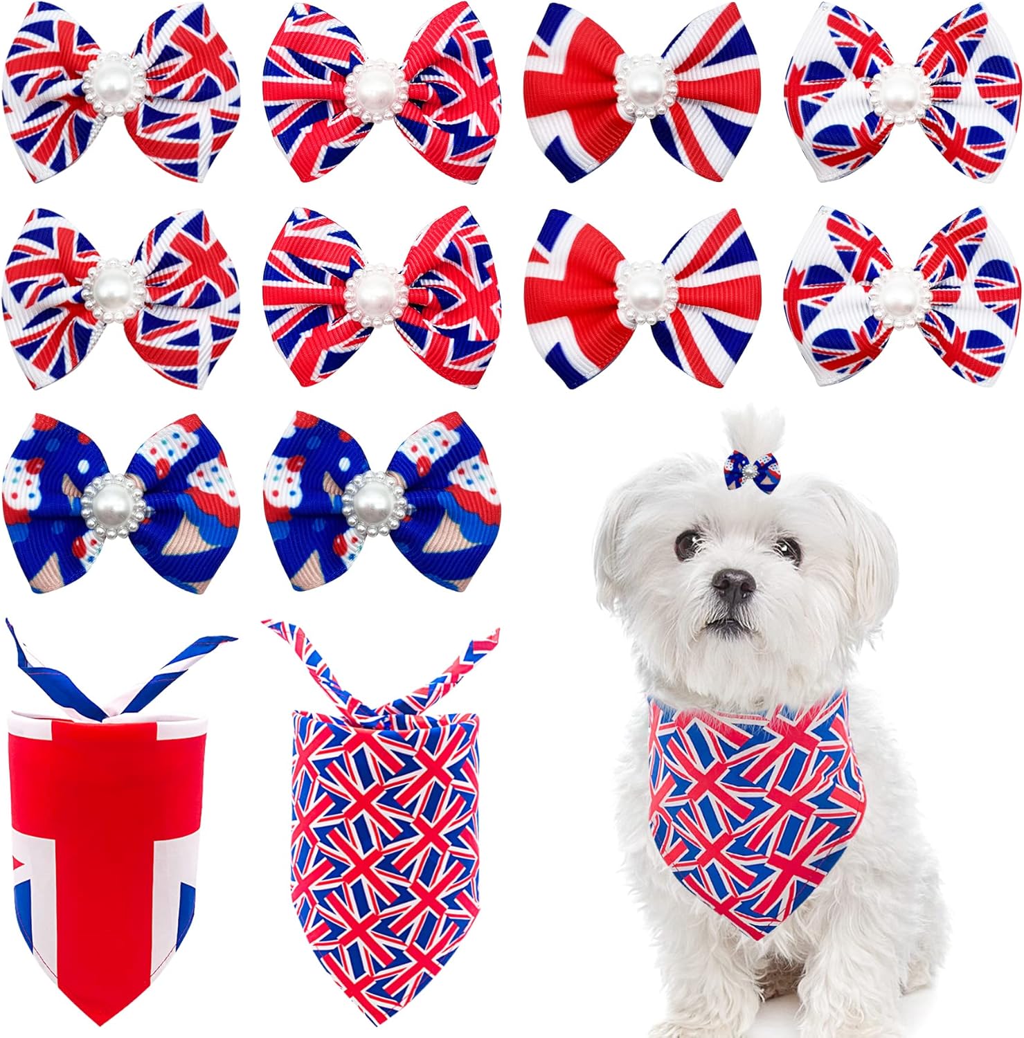 BIPY 2Pcs Union Jack Dog Bandanas and 5Pairs Dog Hair Bows UK Flag