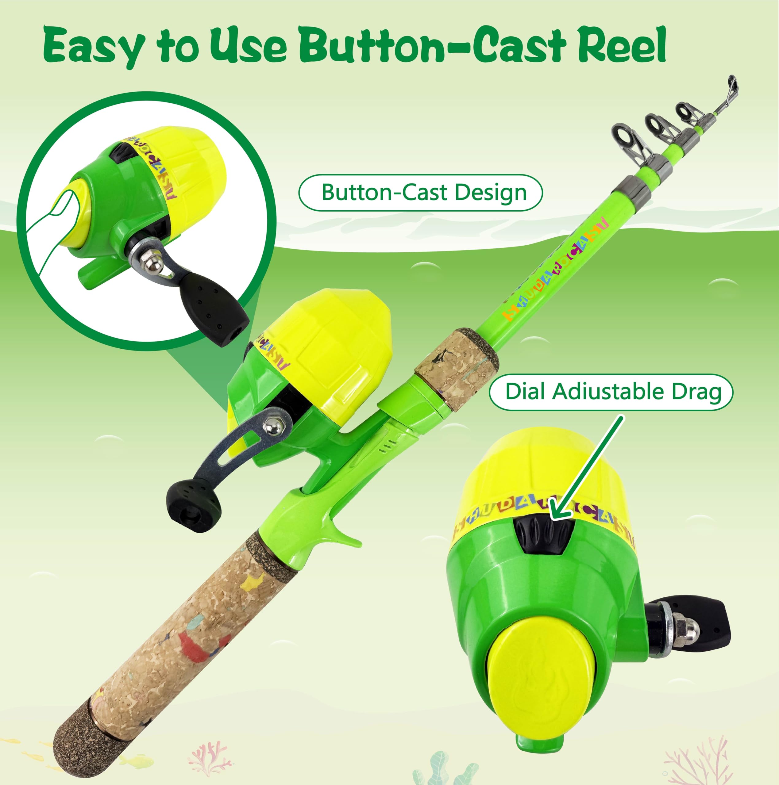 Juego de caña de pescar para niños, combo de caña de pescar y carrete y caja de aparejos de red de pesca con anzuelos de pesca y bolsa para niños, niñas, jóvenes, principiantes, mayores de