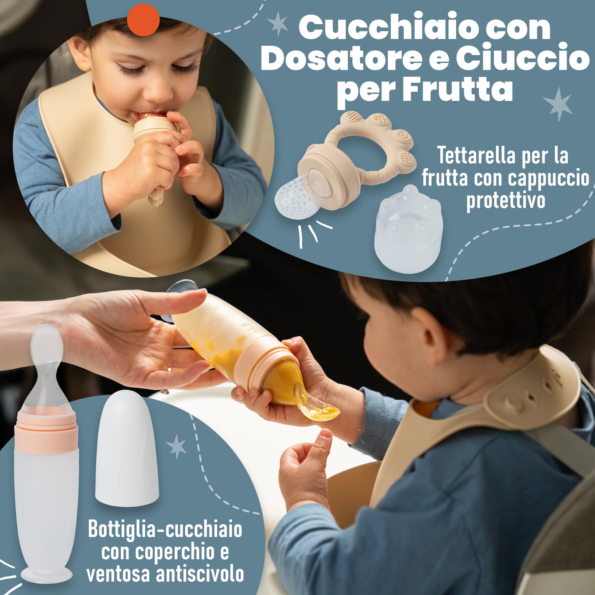 Set Pappa Svezzamento - Set Svezzamento Prima Pappa - Set Svezzamento Neonati - Set Neonato - Cucchiaino Svezzamento con serbatoio dosatore e Ciuccio per Frutta Neonati incluso - Piatto Svezzamento
