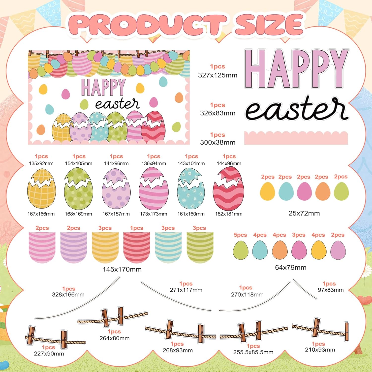 89 Pcs Easter Egg Bulletin Board Decorations Set Spring Bulletin Board Decorations for Classroom Happy Easter DIY Photo Backdrop Cutouts with Glue Point for Classroom Wall Office Decor