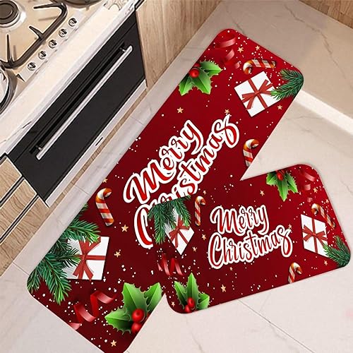 Juego de 2 alfombras de cocina de Navidad, tapete de regalo de Feliz Navidad, antideslizante, lavable, copos de nieve, tapete para decoración