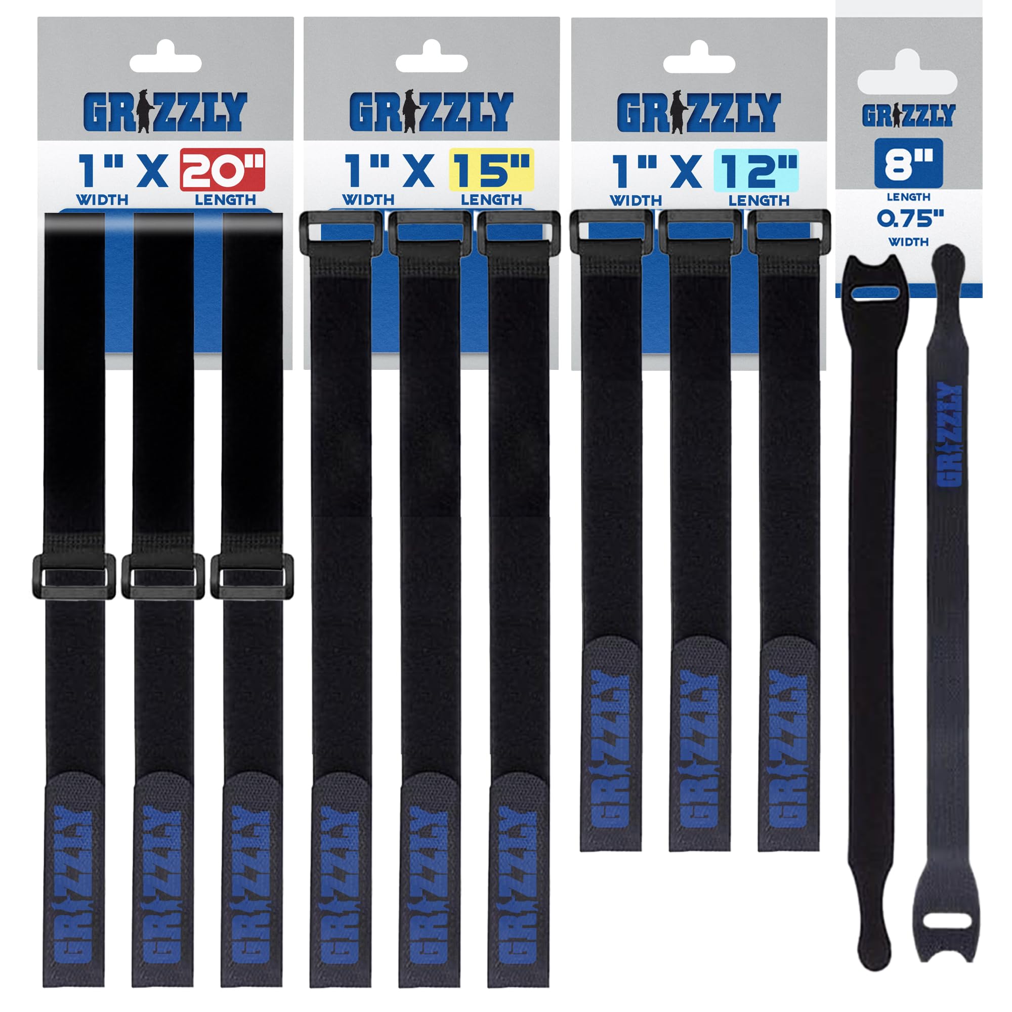 Officewerks Reusable Fastening Cable Straps and Ties, Variety Sizes (8"-12"-15"-20") Assorted 12 Pack, Black Nylon, Adjustable Multi-Purpose Hook and