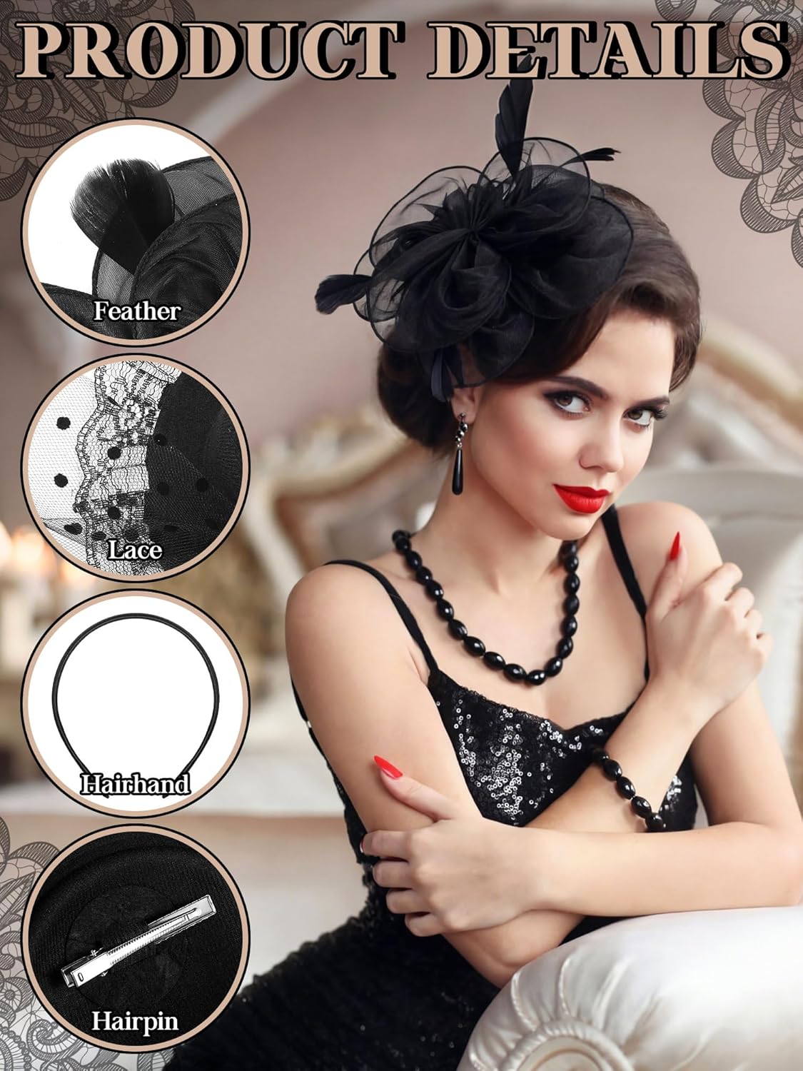 Geyoga 8 Pcs Fascinators Funeral Hats Pillbox Hat with Veil Feather Headband for Women Tea Party Church Halloween Costume