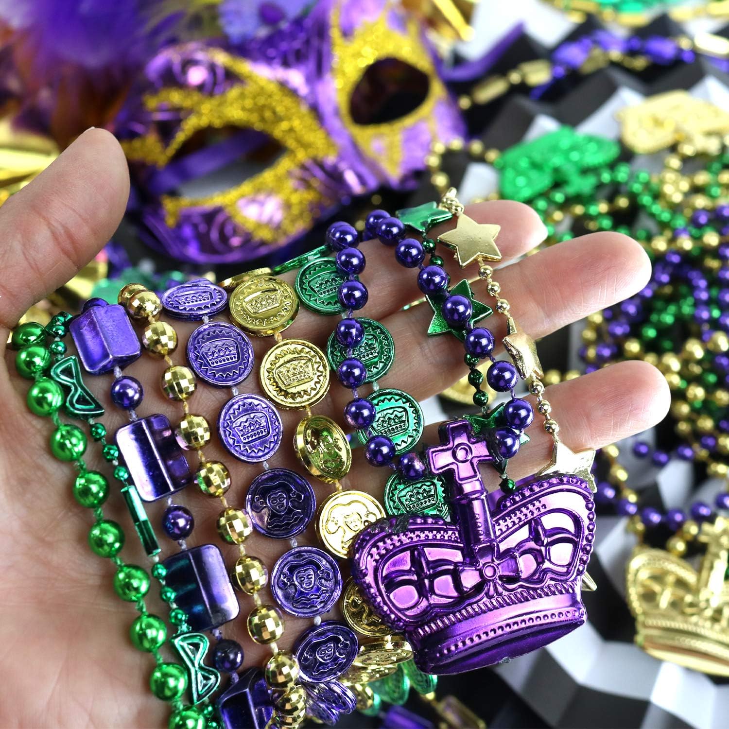 GiftExpress 100 Pcs Mardi Gras Metallic Bead Necklaces for Favors, New Year Parade, St Patrick Day Celebrations, Christmas Decorations, Tailgating, Gaysby Themed Party