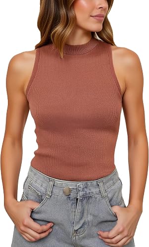 Woolicity Womens Ribbed Mock Turtleneck Tank Top Slim Fit Sleeveless Summer Stre