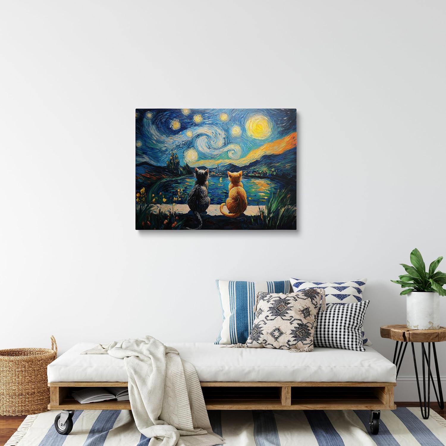 Framed Retro Van Gogh Starry Night With Funny Cat Canvas Prints Wall Art Night Starry Pictures Paintings Poster Canvas Wall Decor for Living Room Bedroom Wall Decorations Ready to Hang (12''X16'')