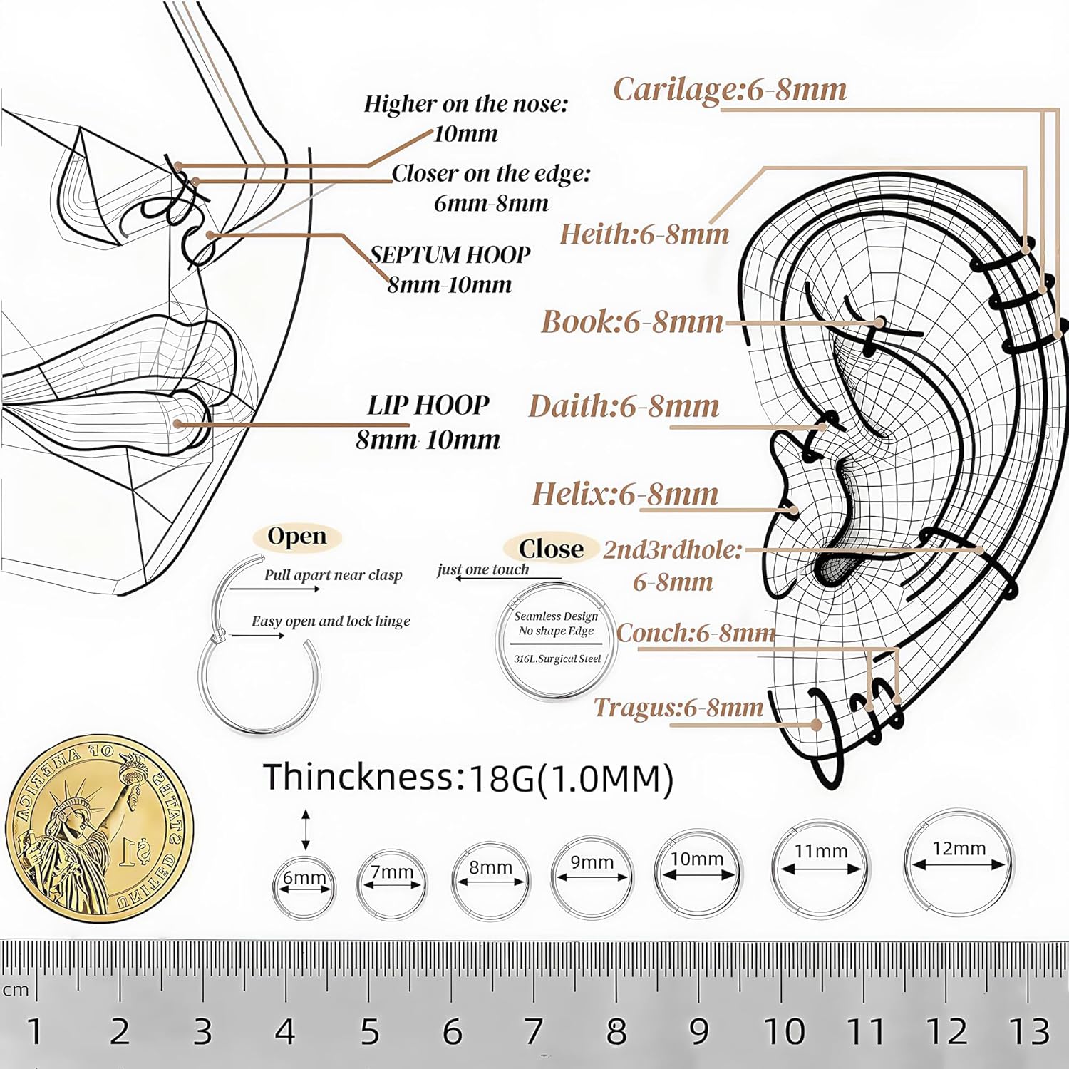 14Pcs 6/7/8/9/10/11/12MM Surgical Steel Hinged Nose Rings Hoop Set, Hypoallergenic Small Hoops Set for Cartilage Helix Lip Tragus Septum Nipple Multiple Hole.QEIFC Sliver Piercing Body Jewelry Kit - Image 2
