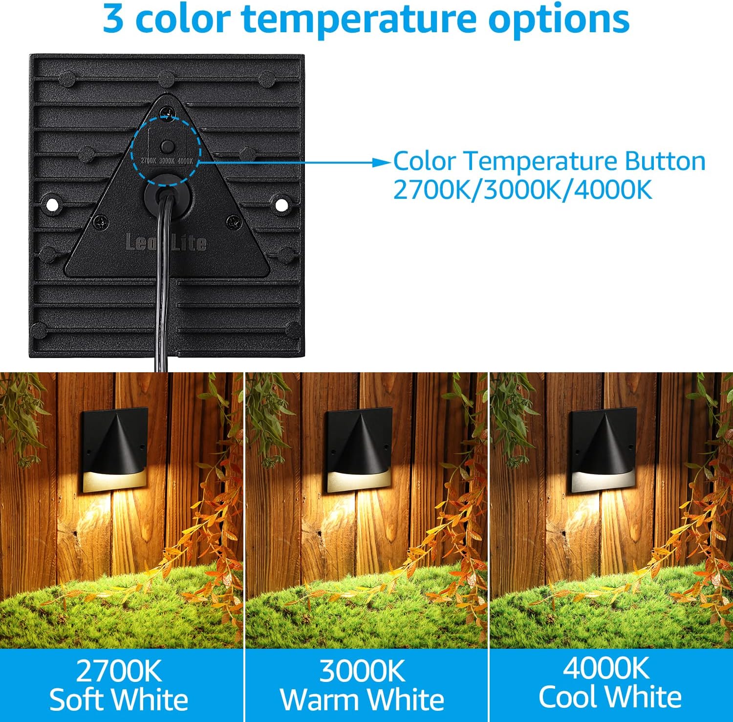 LEONLITE 3CCT Low Voltage LED Deck Light, 12-24V AC/DC Landscape Step Railing Fence Light, IP65 Waterproof, ETL Listed, IP65 Waterproof, Step Lights for Garden, Yard, Aluminium, Black, Pack of 4