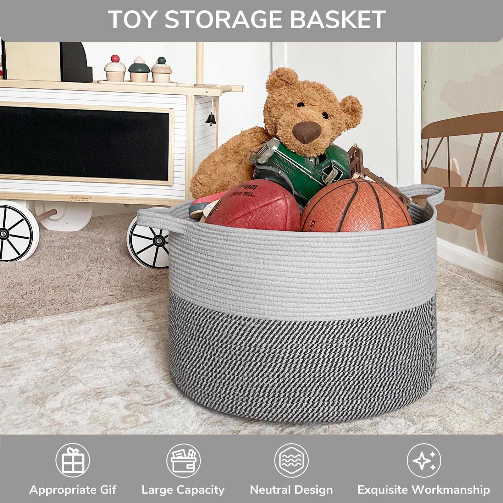 Produktbild von Wäschekorb Boho GOCAN XXXL Extra Großer Baumwollseilkorb D55XH35cm Gewebte Wäschekörbe Für Decken Aufbewahrungskorb Mit Griffen Für Kinderspielzeug Pflanzen Kissen Kuscheltier Aufbewahrung