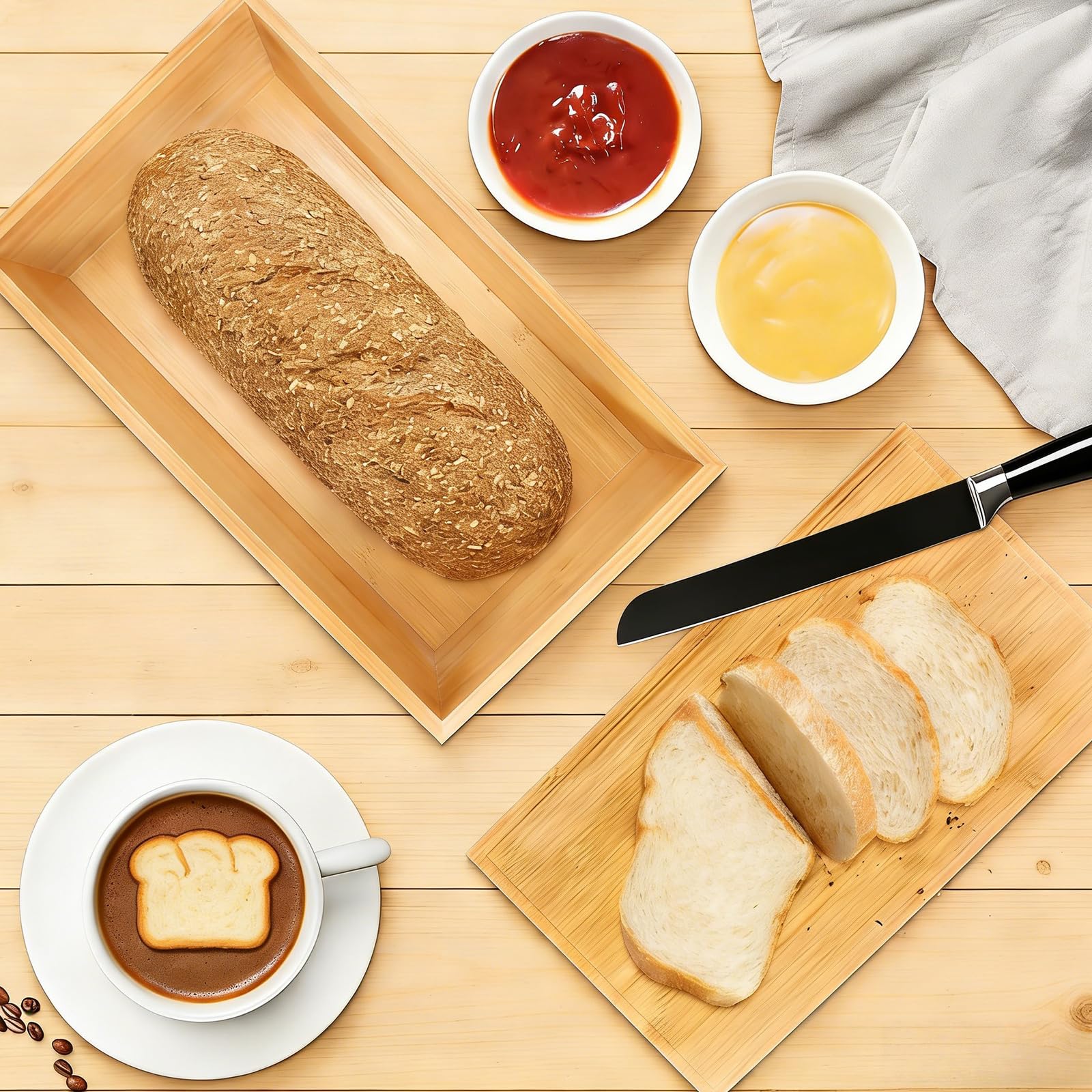 BAIFULAI Bambusowy chlebak: 33 x 19 x 13,5 cm, z lnianym woreczkiem i drewnianą pokrywką jako deska do krojenia, duża pojemność pojemnik na chleb do przechowywania świeżego chleba (kolor naturalnego