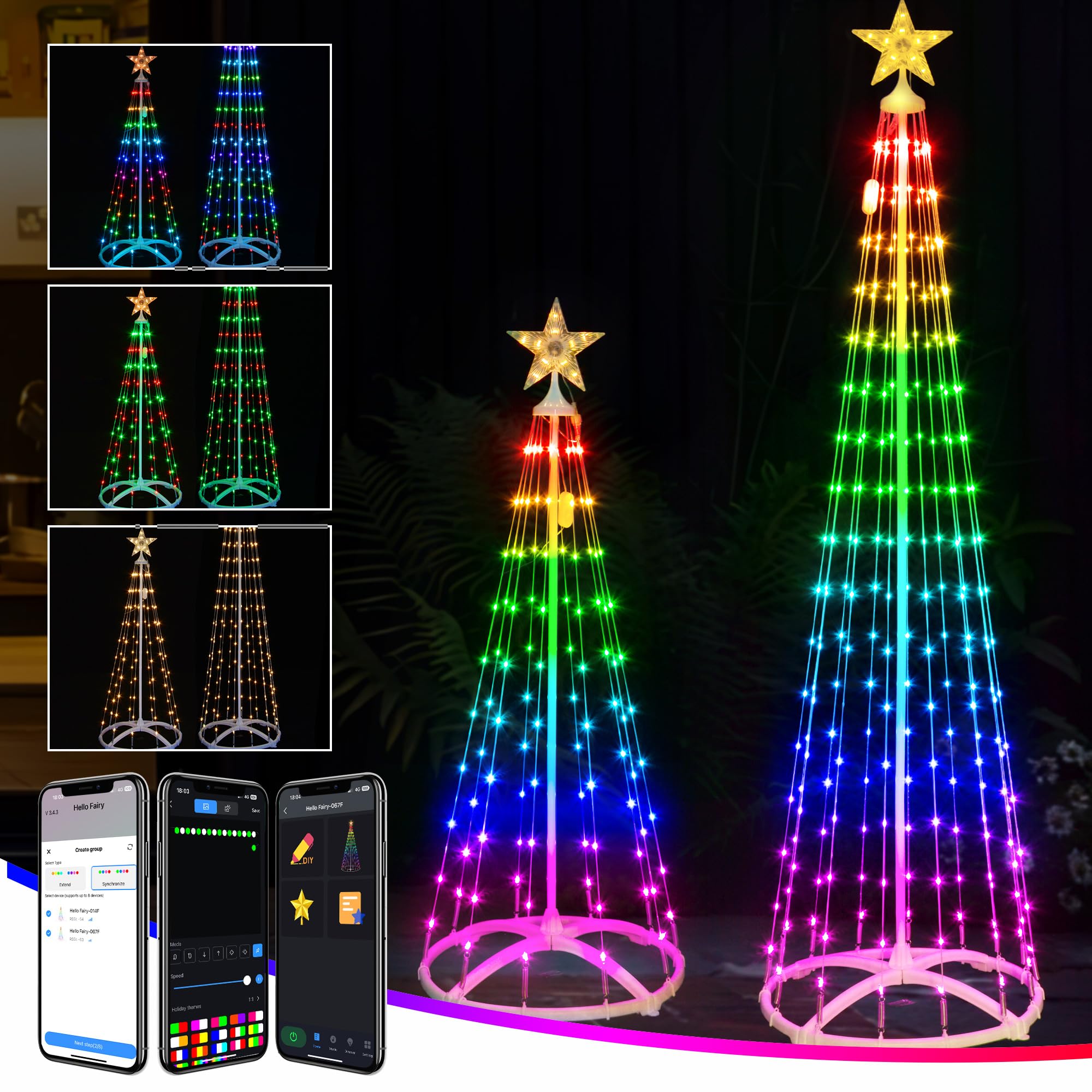 Smart Christmas Cone Tree Lights Set - 4Ft & 6Ft, 385 LED Lights, App Programmable, 57 Modes, RGB Dimmable for Indoor/Outdoor Garden & Holiday Decor ( They are a little rusty)
