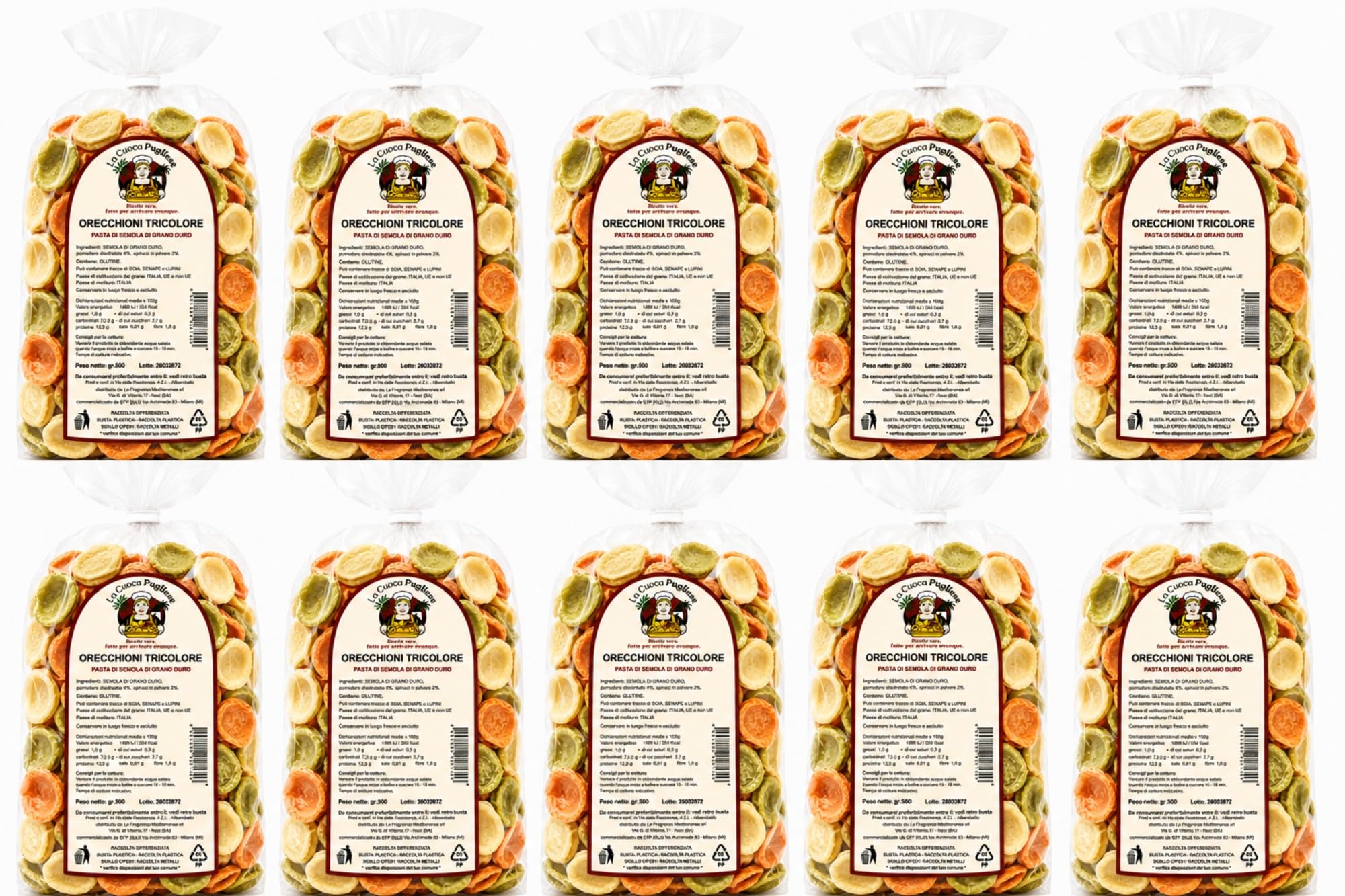 La Cuoca Pugliese - Orecchioni Tricolore, produzione artigianale pugliese, confezione da 10 pacchi x 500 g, pasta italiana