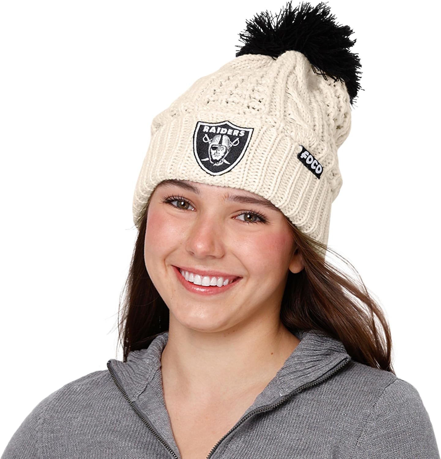 FOCO NFL Womens NFL Team Logo Cable Knit Pom Beanie Hat - Image 5
