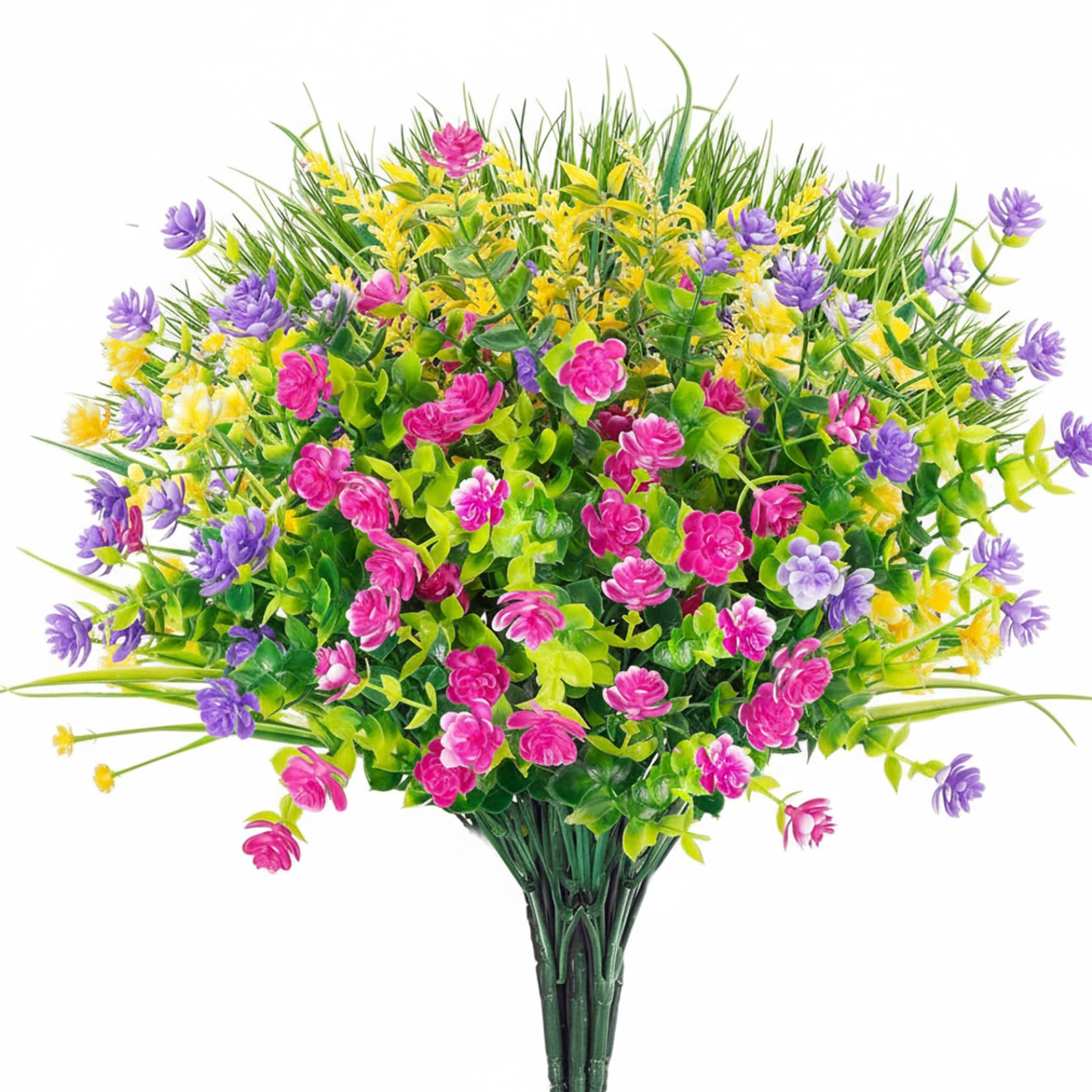 Ginwrek Spring Flowers Plastic Flowers- 9PCS Spring Artificial Faux Eucalyptus & Greenery Bouquet for Home Decor, Indoor Outdoor Cemetery Arrangements
