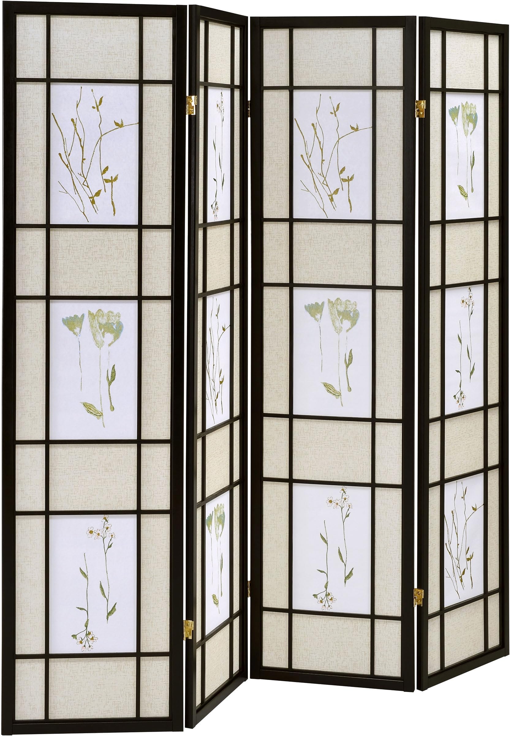 Coaster Home Furnishings - Catabella - Solid Wood - 70-Inch 4-Panel Room Divider Folding Shoji Screen with Beige Fabric Panels and Flandal Detail - Living Room & Bedroom - Black and Beige - 4407