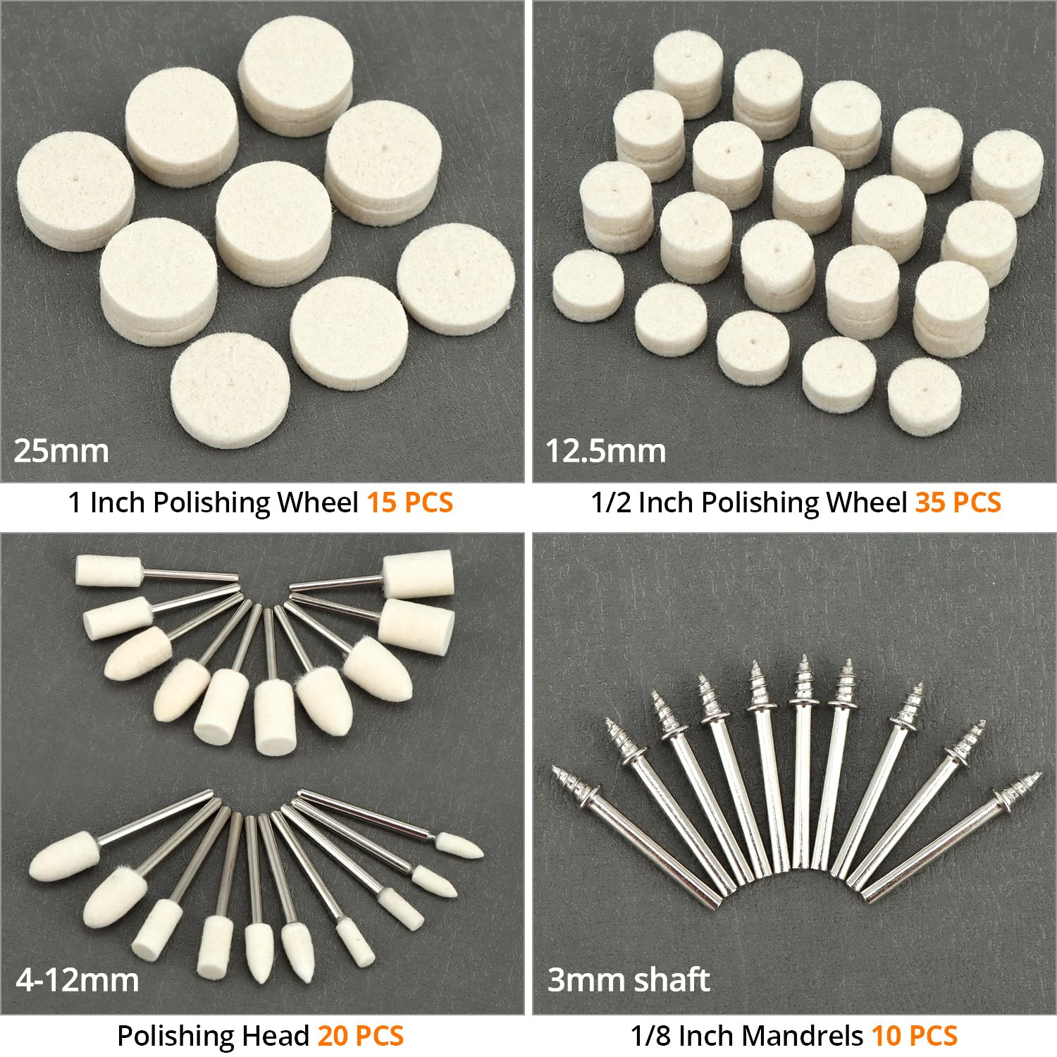 QWORK Zestaw 80 kół polerskich z filcu wełnianego, kompatybilny z Dremel, głowice polerskie Ø4-25 mm, pręt 3 mm