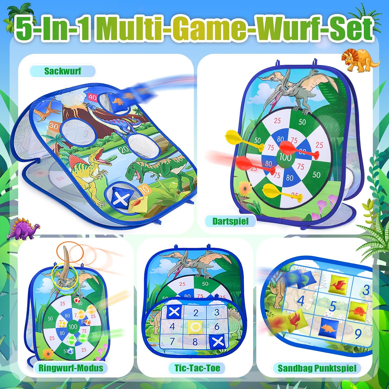 HappyKidsClub 5 w 1 dinozaur/jednorożec, gra w rzutki ze strzałkami, workami do siedzenia, piłkami, rzutkami pierścieniowymi, przenośna gra na świeżym powietrzu dla chłopców i dziewczynek