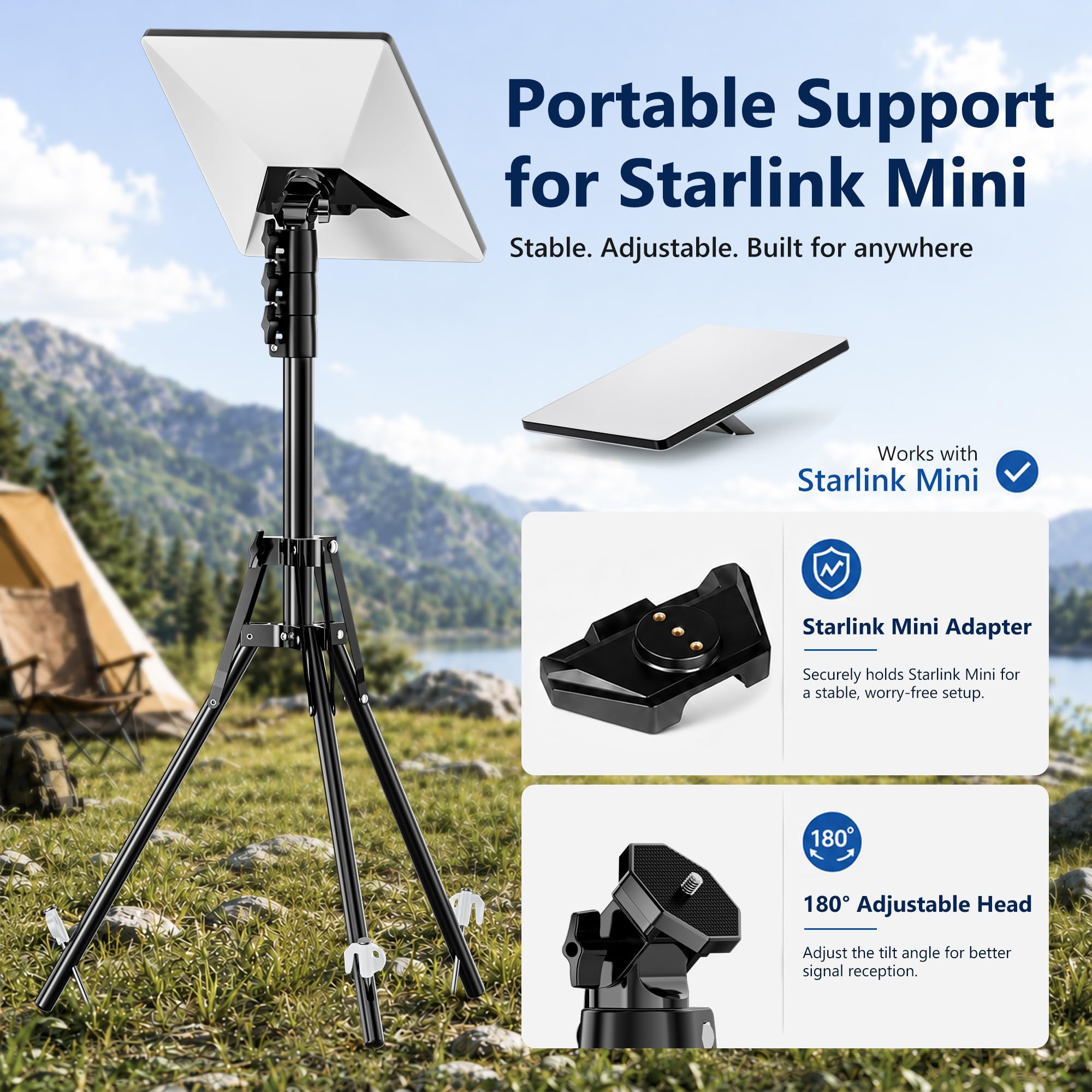 UBeesize Starlink Mini trépied, Accessoires de Montage Starlink, Mini trépied réglable Starlink, Kits de Montage pour Mini Plat Starlink, Hauteur et Angle réglables avec Adaptateur de Tuyau