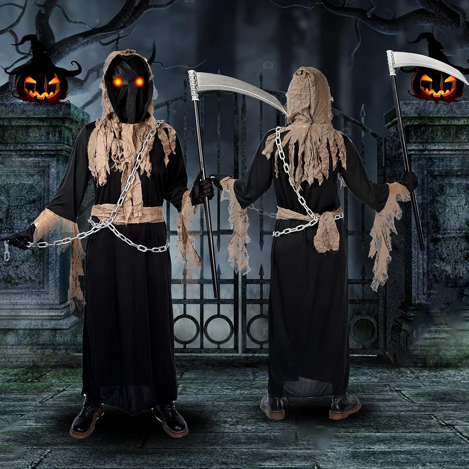 Grim Reaper Costume for Kids,Deluxe Halloween Costume with Glowing Red Eyes,Chain,Scythe Included, Small (5-7yr) - Image 6