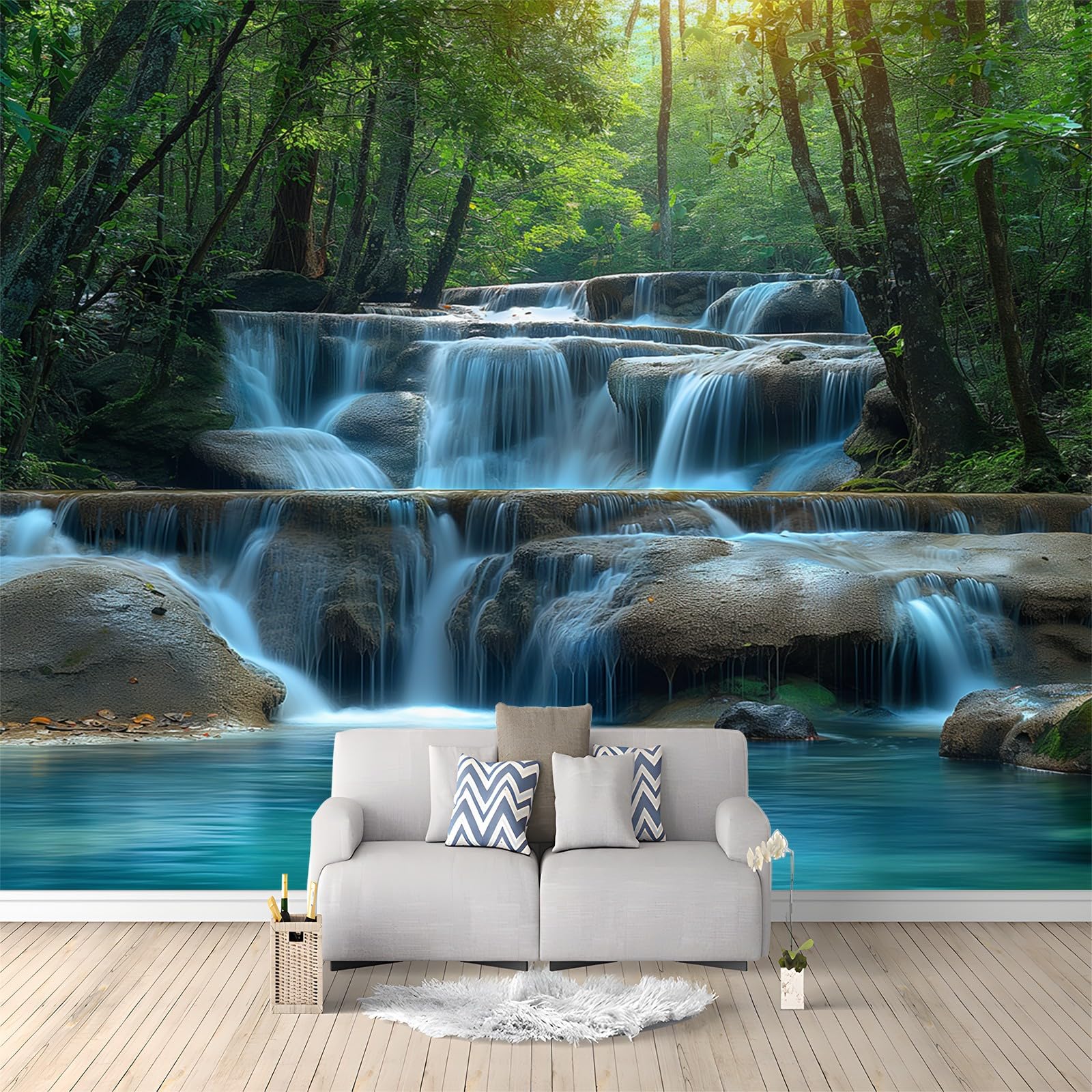 Photo Wallpaper Forest Waterfall 250 x 175cm Non-Woven Wall Mural, 3D Wallpaper Roll Mural, Moderne Living Room Bedroom Art Poster Mural Wallpaper
