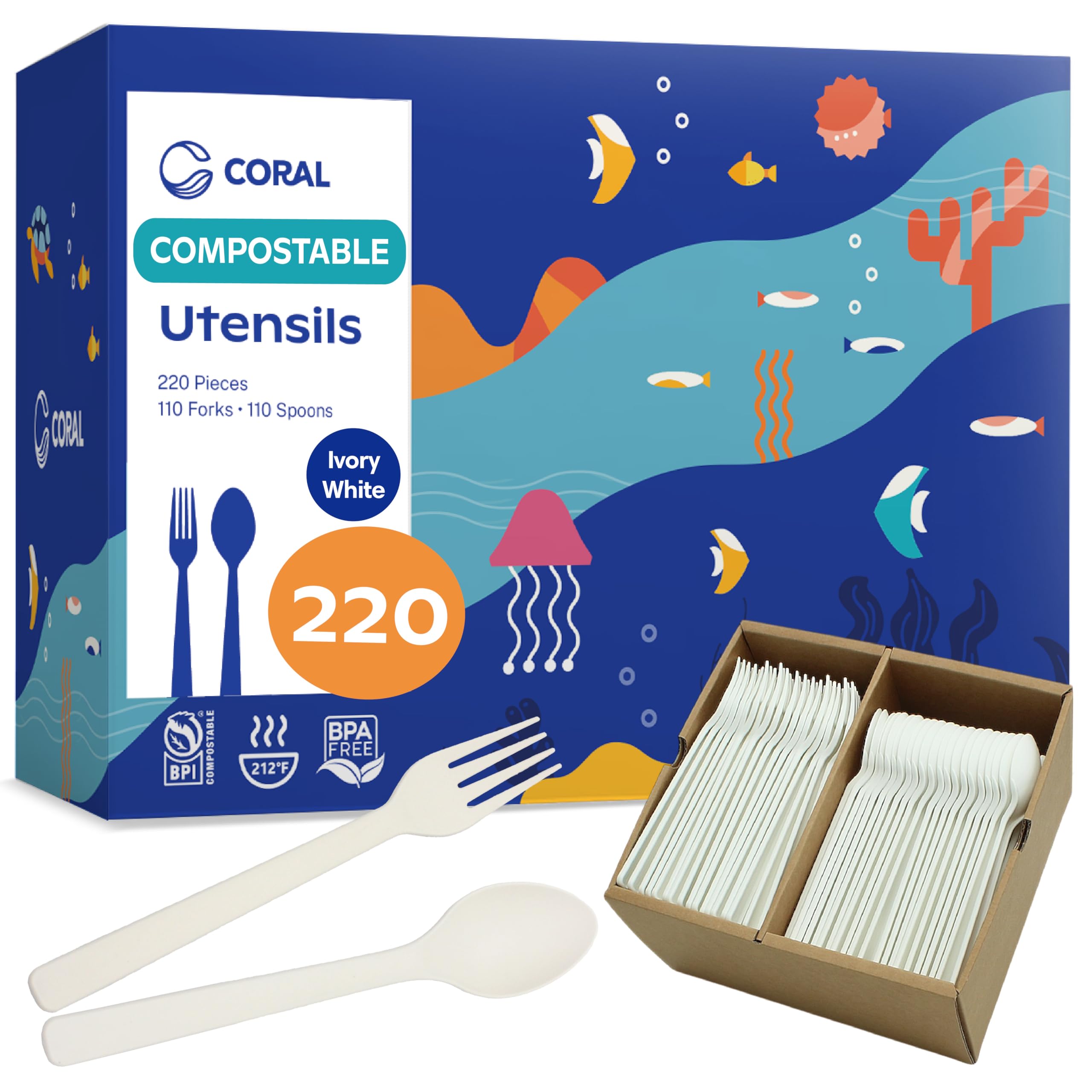 CORAL Ivory White 100% Compostable Spoons & Forks Set - 220 Pieces - No Plastic Utensil 110 Forks, 110 Soup Spoons - Break Resistant with Smooth Edges, Ocean Friendly Alternative to Plastic Silverware
