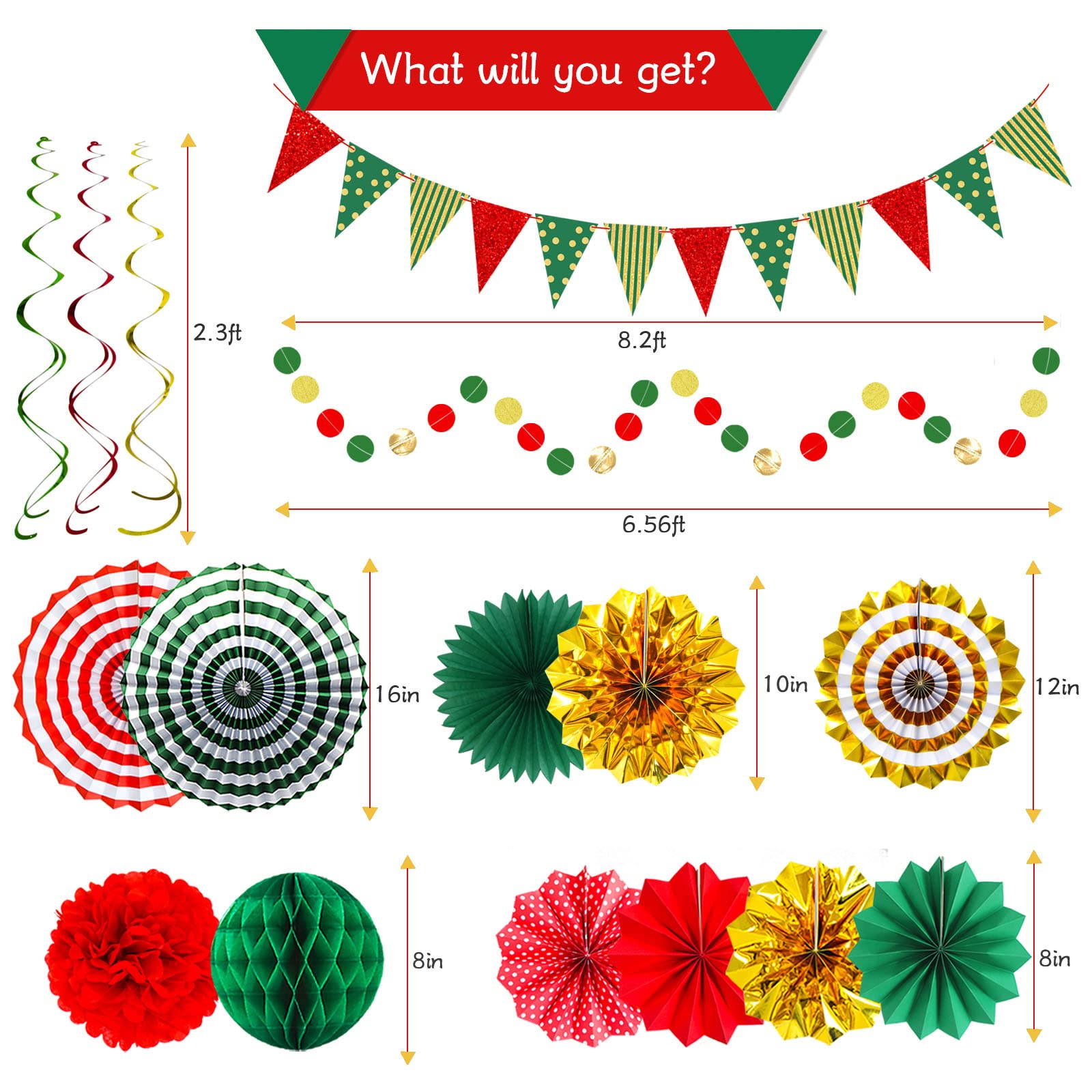 Banderas de triángulo de Navidad, banderín de papel rojo verde dorado para cumpleaños de Navidad, decoraciones de fiesta de Navidad, decoración de año nuevo