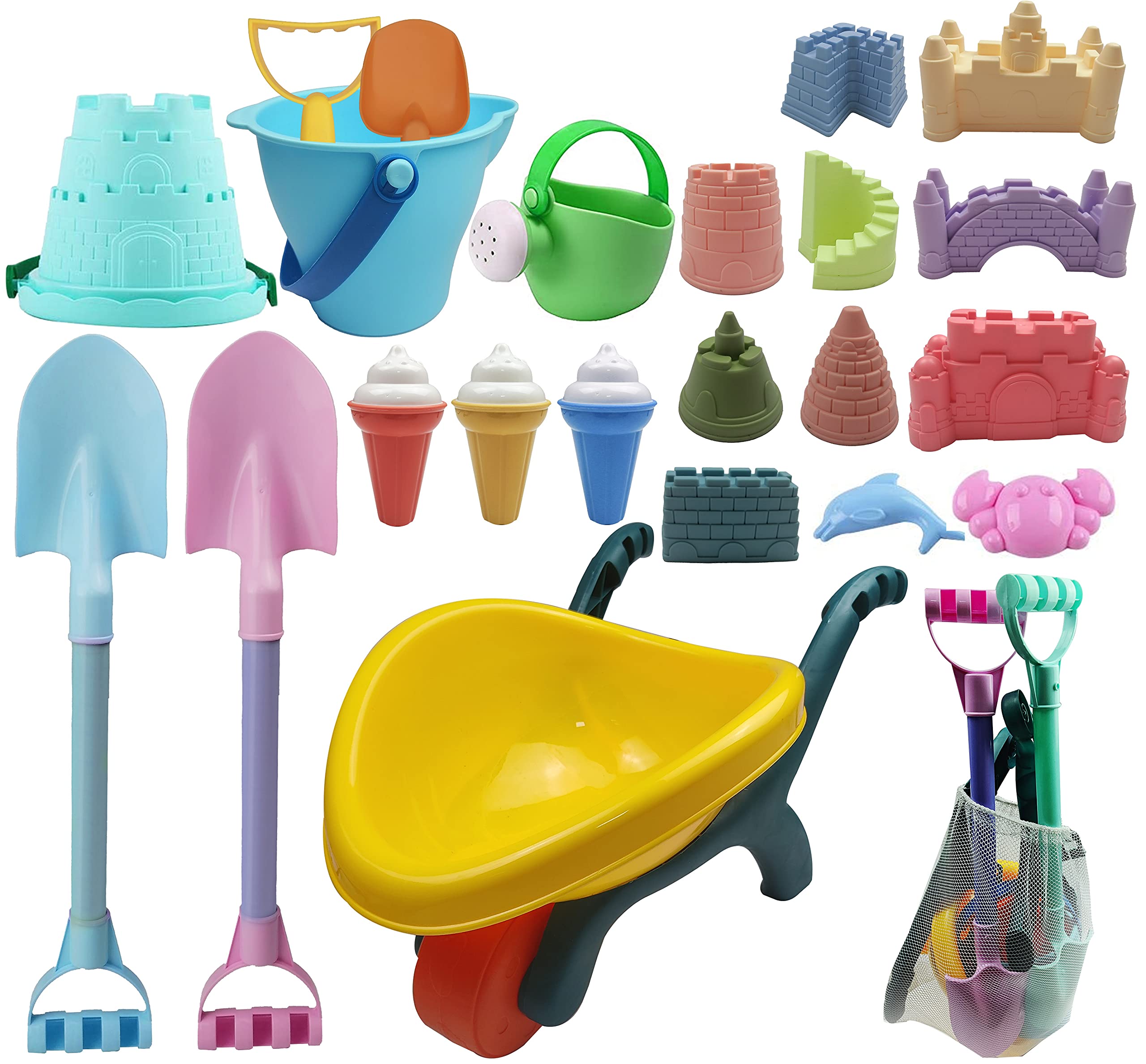 Photo 1 of IOKUKI Long Shovels Sand Toys Set with Mesh Bag Including Wheelbarrow, Castle Building Kit Beach Buckets, Shovels, Rakes, Molds, Outdoor Beach Toys Tool Kit for Kids, Toddlers, Boys and Girls (23 PCS) JS5+
