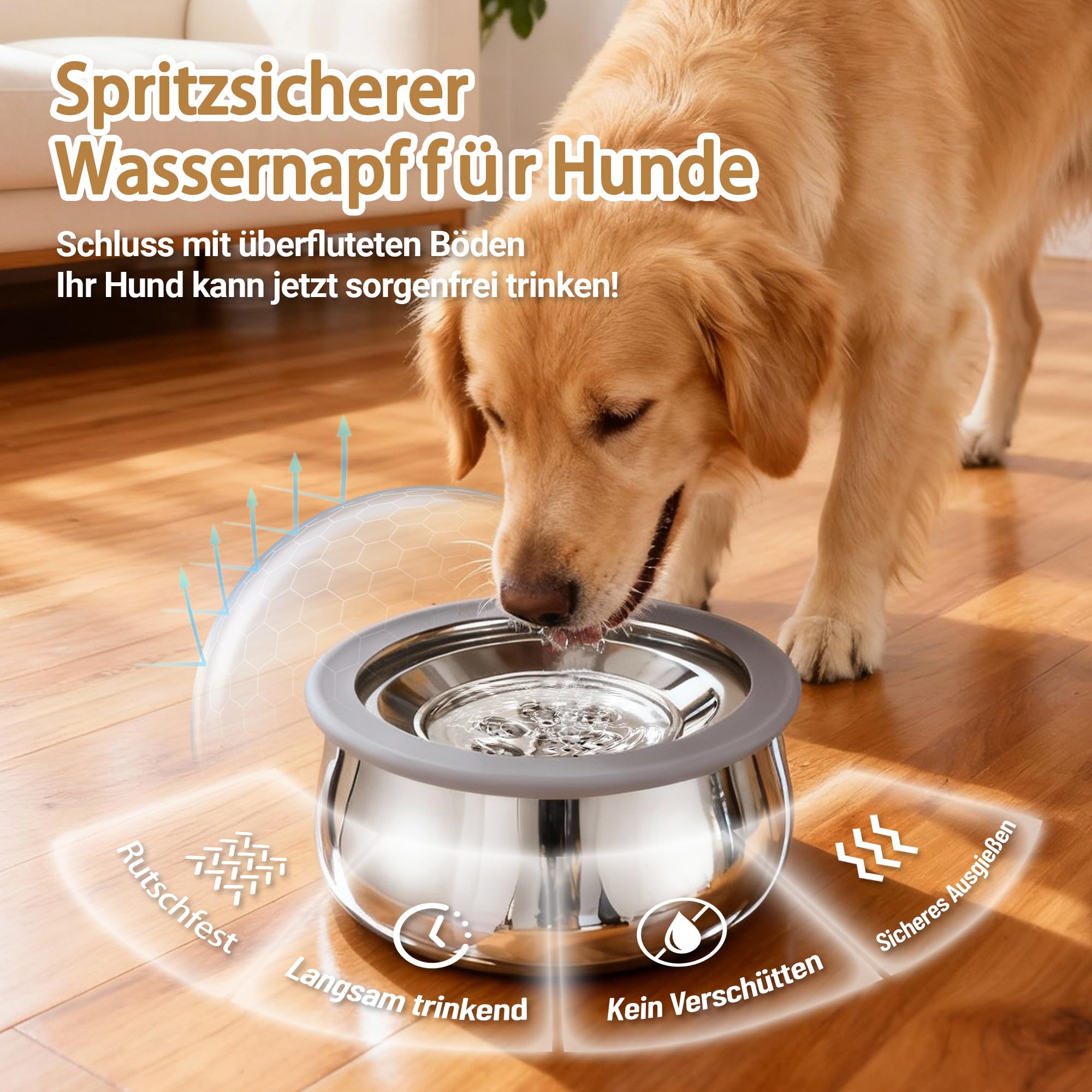 3L Wassernapf Hund ohne Sabbern, Doppelwandige Edelstahl Trinknapf Hunde, Anti Schlabber Hundenapf mit Rutschfester Boden, Auslaufsicher, Spülmaschinenfest (3L)