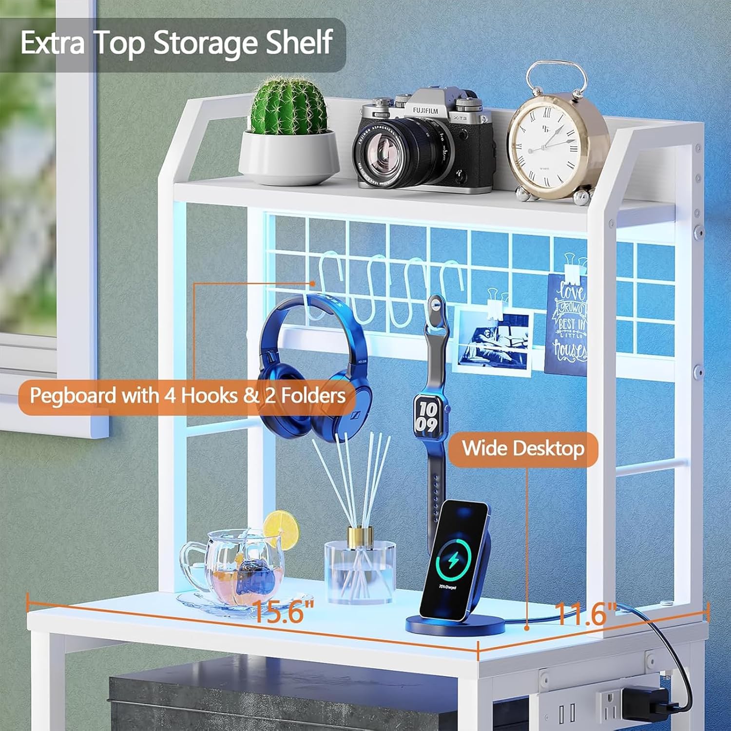 Close-up of the top section of the nightstand, showing the pegboard with hooks and clips, and items like headphones and a phone charging on the surface.