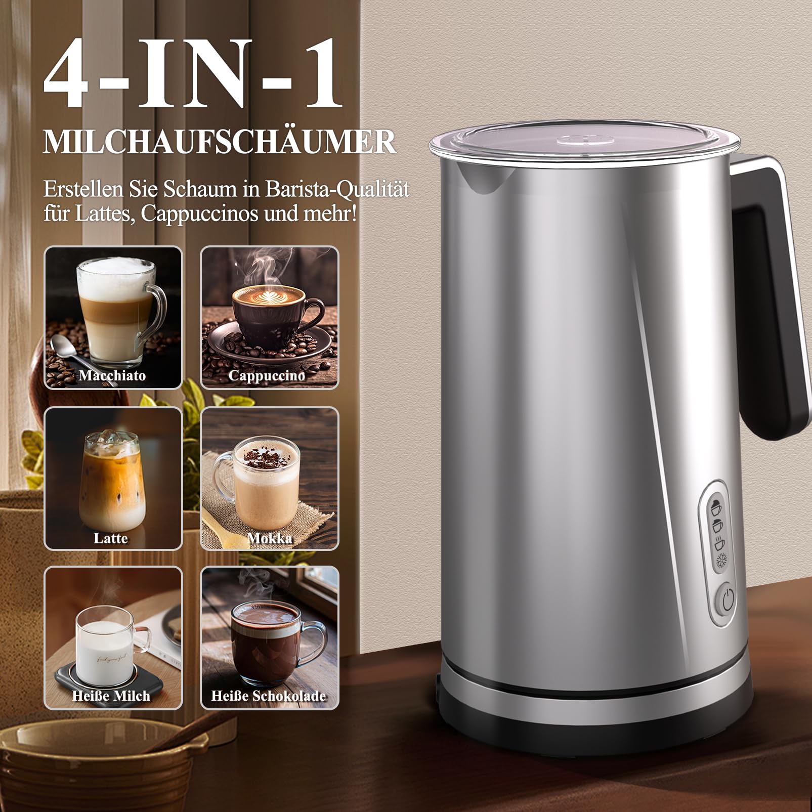 Montalatte Elettrico 4 In 1 Con 4 Temperature – Schiuma Calda E Fredda Per Cappuccino, Cioccolata E Latte Macchiato