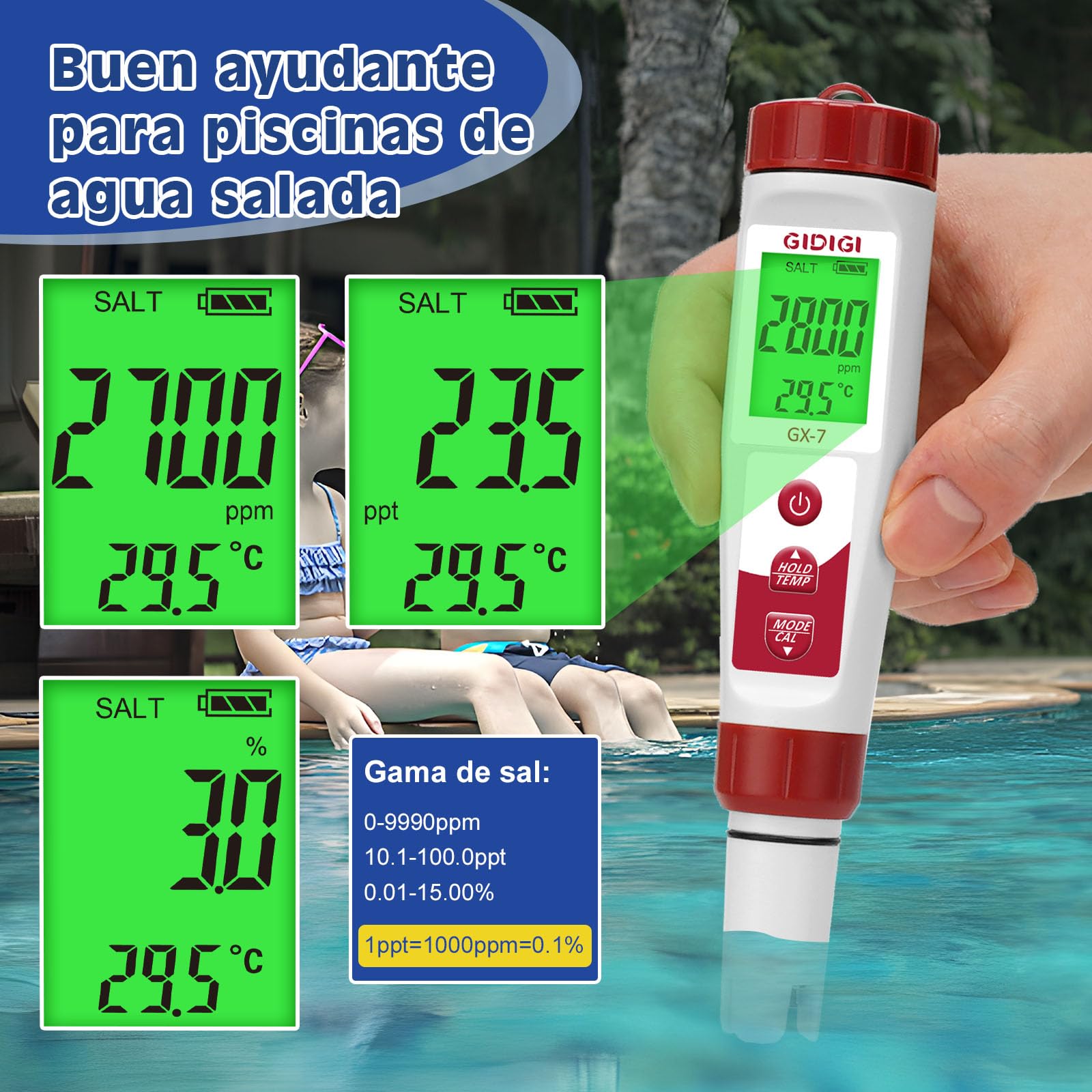 Medidor de Cloro y pH Digital, 7 en 1 Comprobador pH y Cloro Piscina, Medidor de ORP Cloro Sal EC PPM, Test Sal y Cloro para Piscinas, Hidroponía, Agua Potable y Pecera de Agua Salada