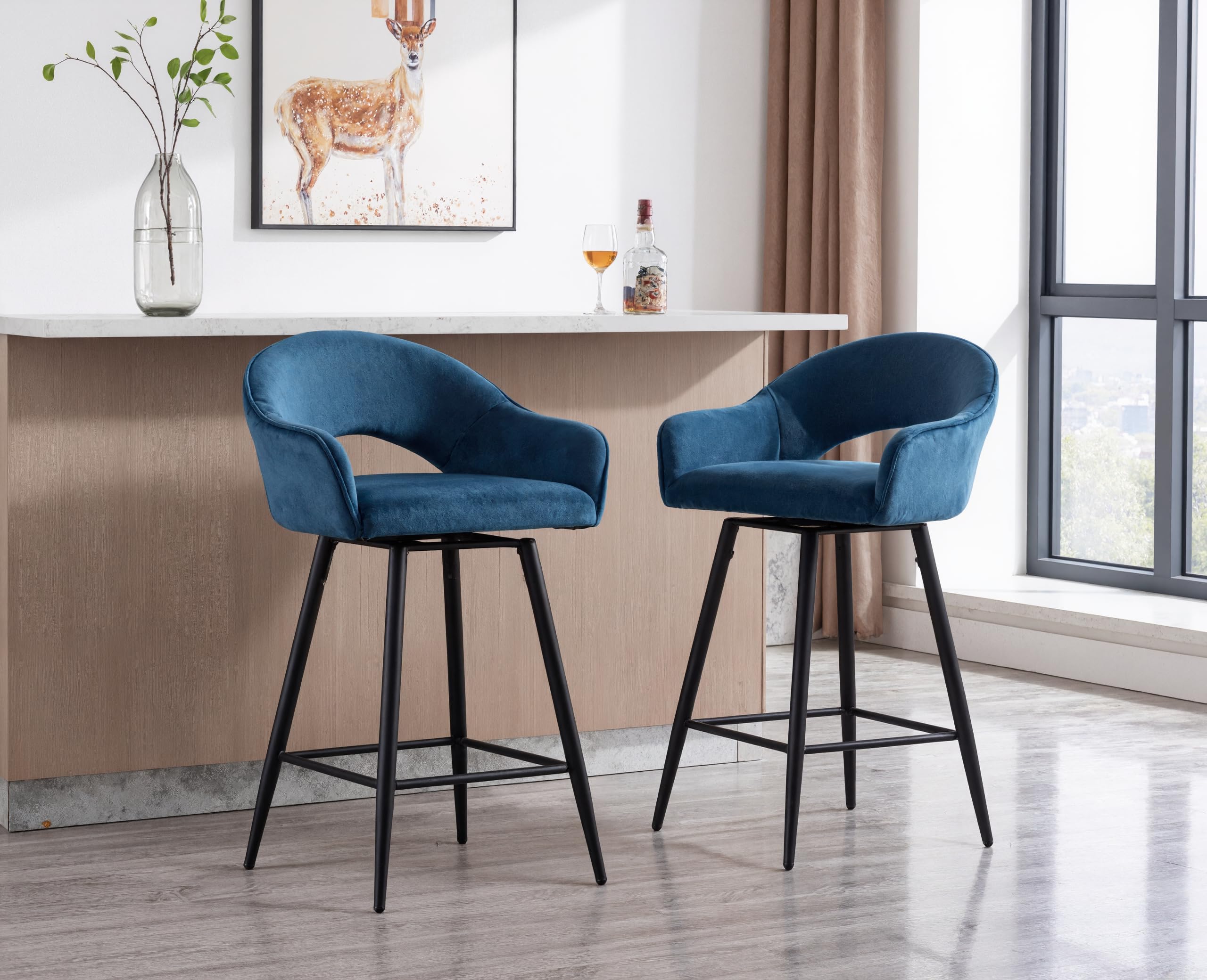 Ya-Home Chaise Bar Pivotant Lot de 2 en Velours, Bleu | Tabourets de Bar avec 4 Pieds en Métal, Tabouret de Comptoir Moderne, Chaises Haute pour Cuisine/Bar/Salon