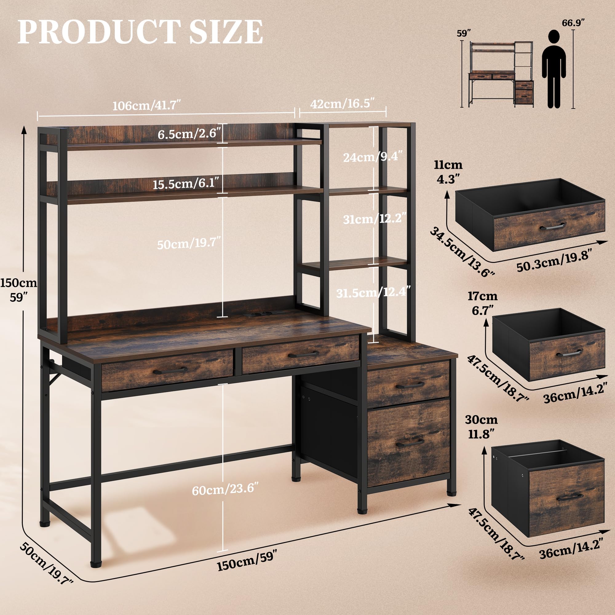 YITAHOME Computer Schreibtisch mit Schubladen, 150W x 50D x 150H cm Eckschreibtisch Für Home Office, Computer Tisch Aufbewahrungen & Regale, Gaming Schreibtisch mit LED Licht & Steckdosen, Braun
