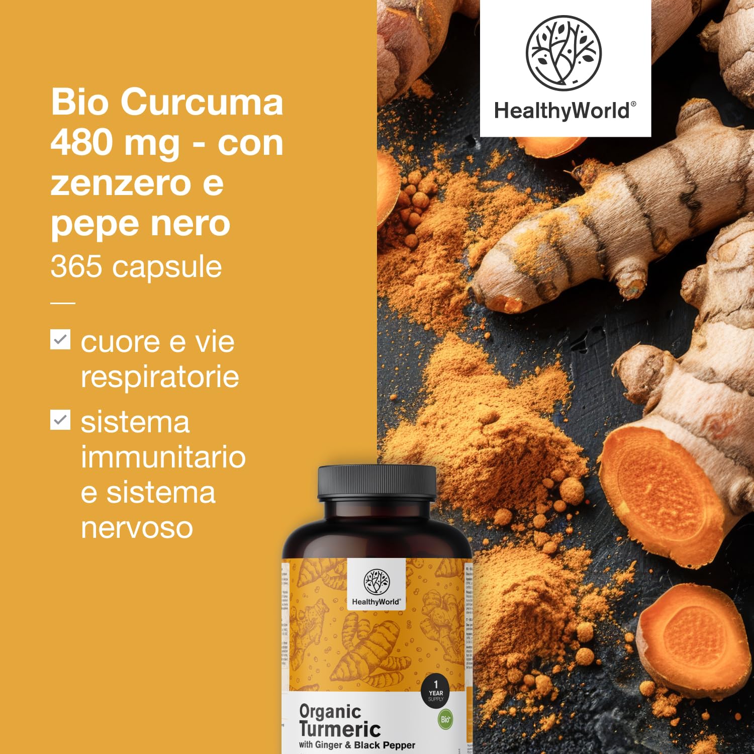HealthyWorld BIO Curcuma 480 mg con Zenzero e Pepe Nero - 365 Capsule Vegetali - 1-anno di Fornitura - Per il sostegno delle Difese Immunitarie, del Fegato, delle Vie Respiratorie e del Cuore