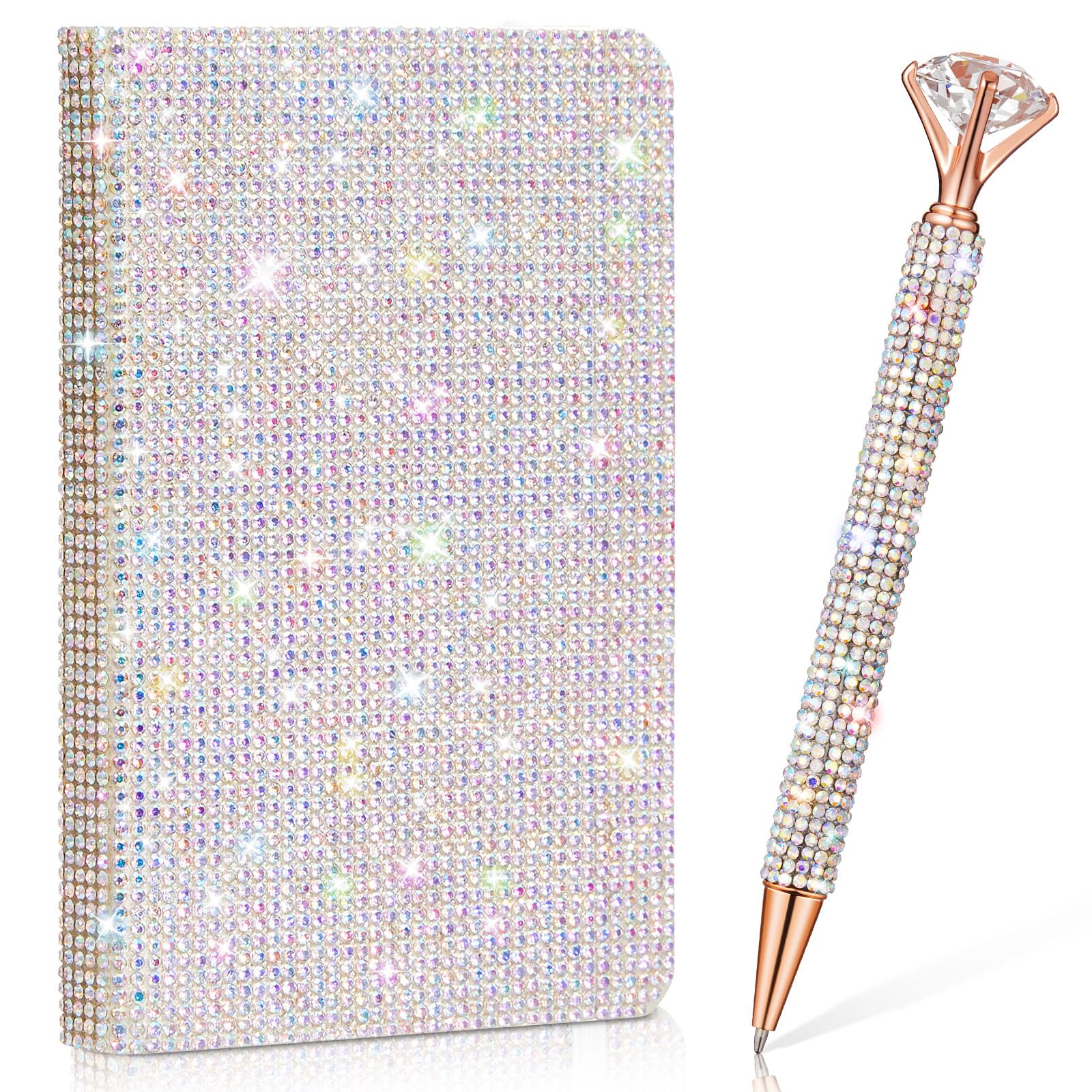 Rhinestone Notebook Pen Sets Glitter Pocket Notebook Crystal Pens Mini Diamond Hardcover Bling Diary Office Desk Accessories for Women(A6,Silver)