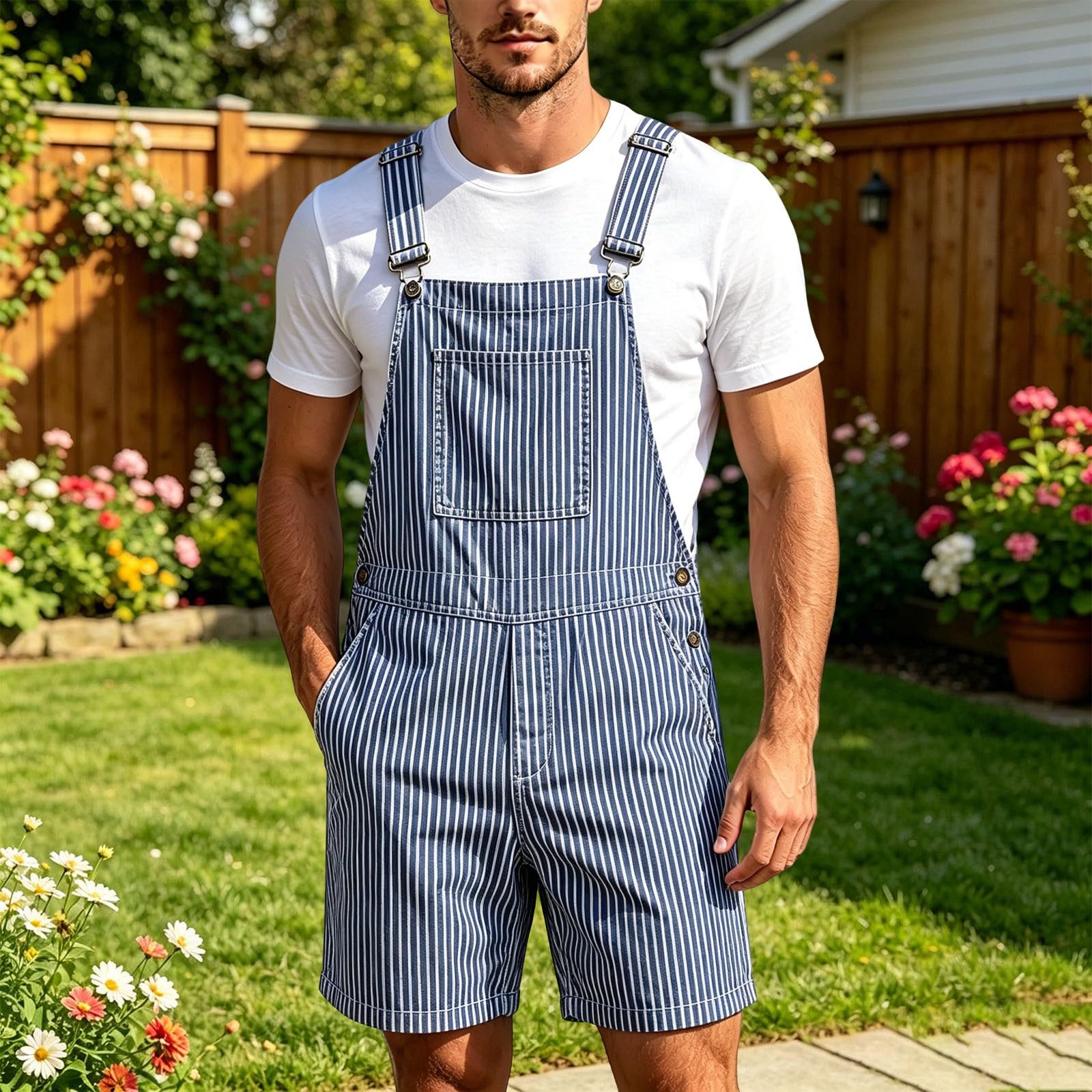 Salopette Homme à Rayures Style Britannique Salopette Short de Travail Homme Bretelles Réglables Combinaison D'été Streetwear Décontracté pour Vacances Sport