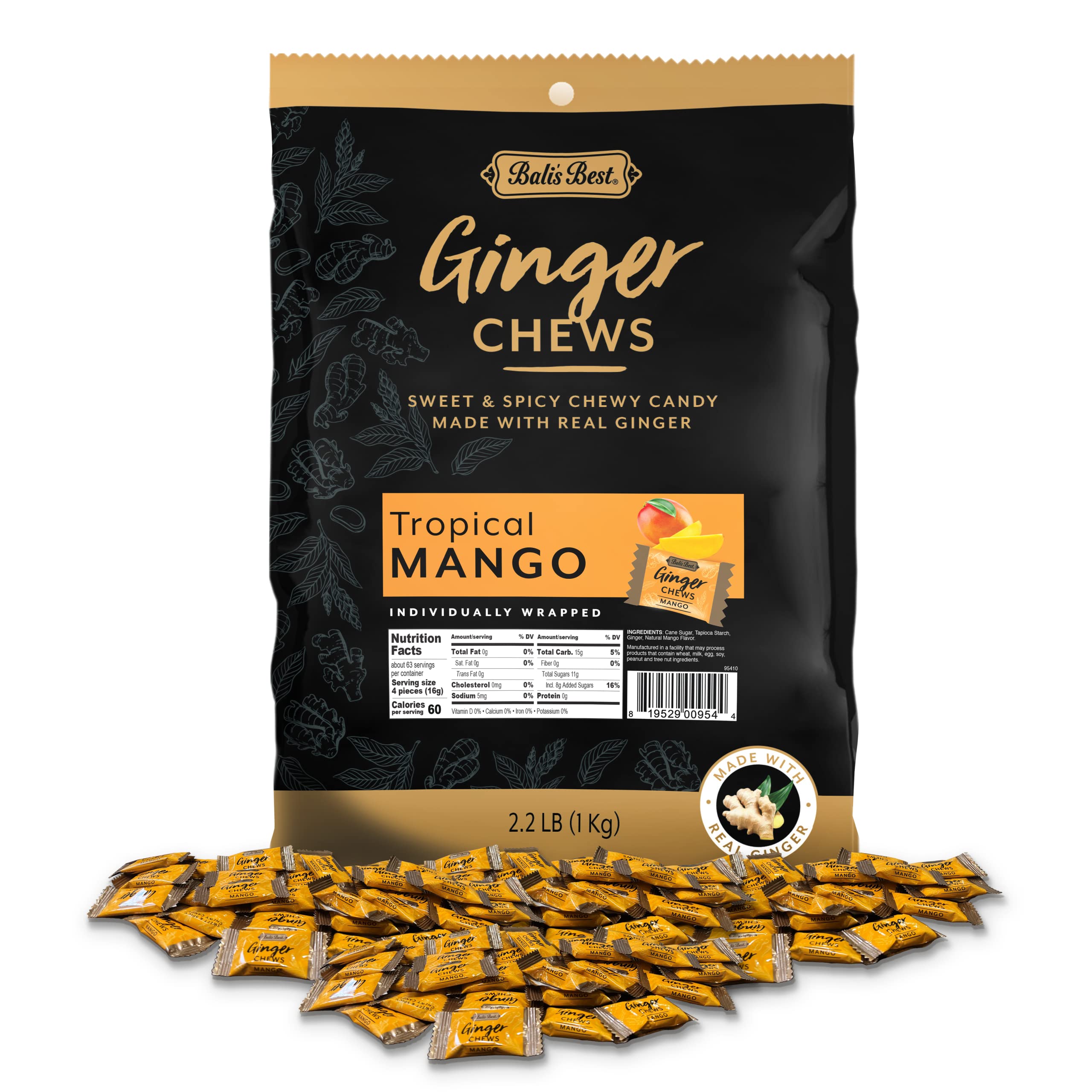 Bali's Best Ginger Chews, Tropical Mango Flavor, 250 Pieces, 2.2 Lb Bag, Individually Wrapped Soft Candy, Made with 100% Real Ginger, Digestive Health Support, Upset Stomach Relief, Halal