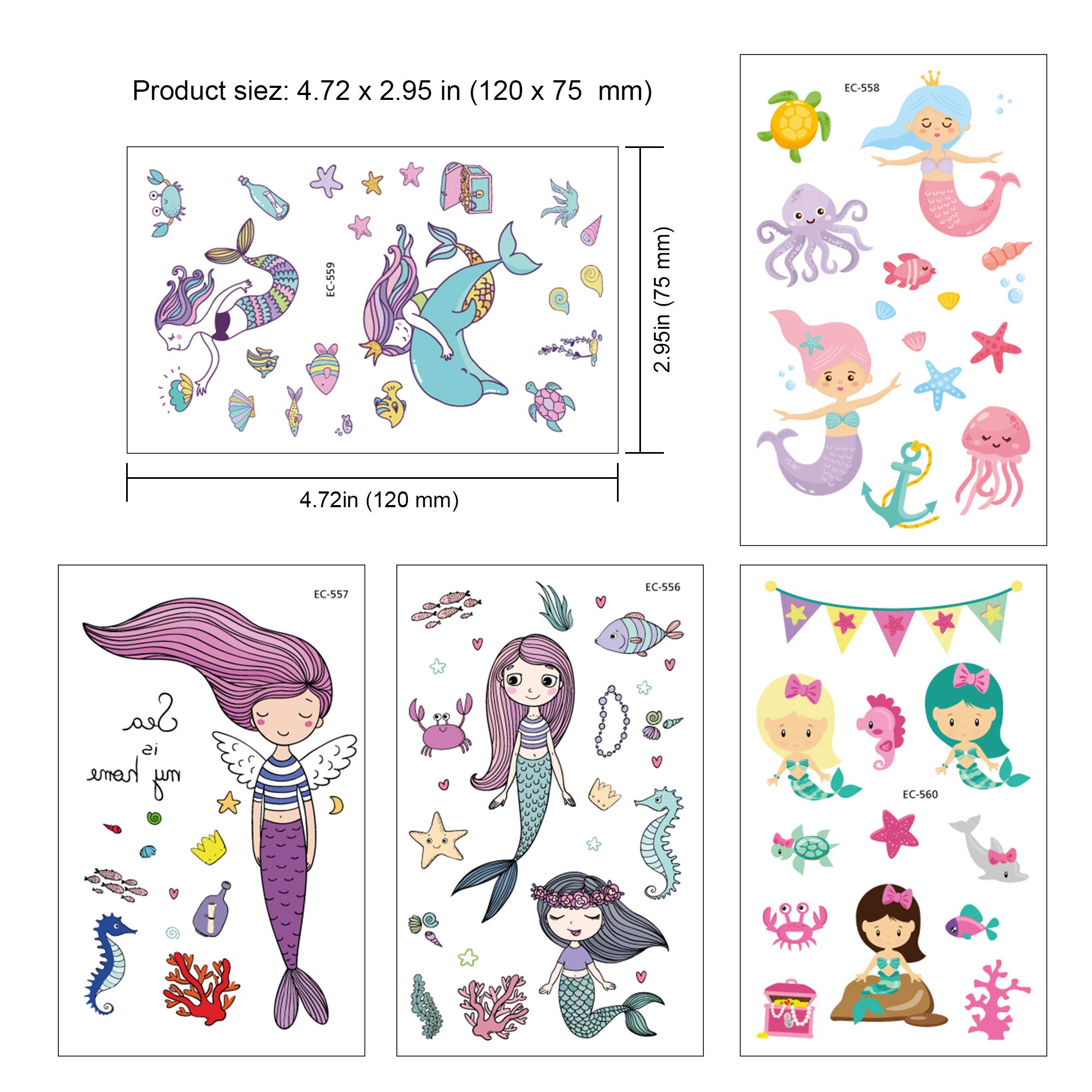 Tatouages Temporaires Sirène Pour Enfants - 20 Feuilles étanches, Motifs Variés