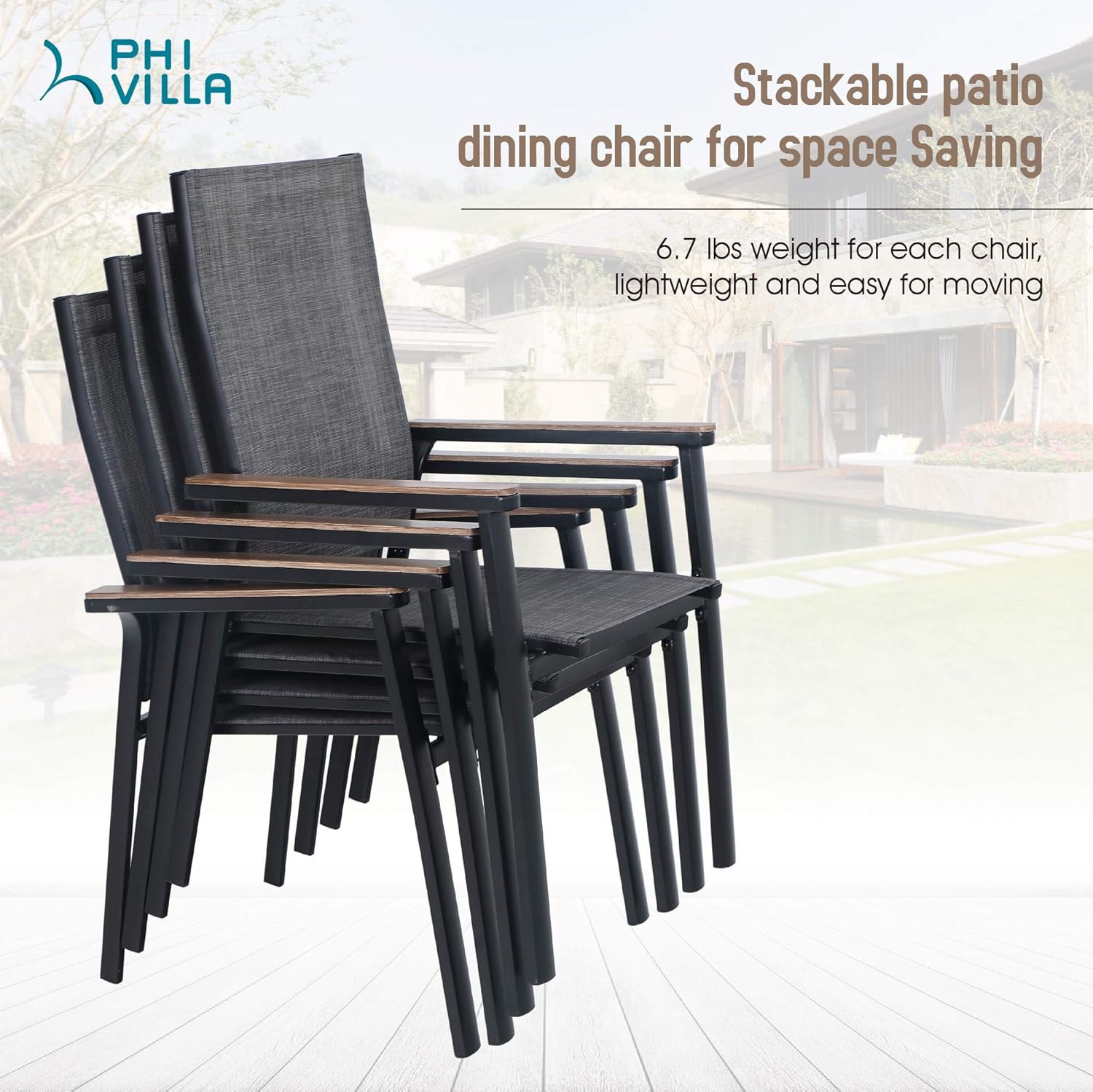 PHIVILLA Patio Stackable Aluminum Chairs Clearance, Lightweight Outdoor Breathable Chairs with Extra Wide Seat & Wood-like Armrest, Stackable Space Saving Garden Lawn Chairs for All Weather, Set of 6 : Patio, Lawn & Garden