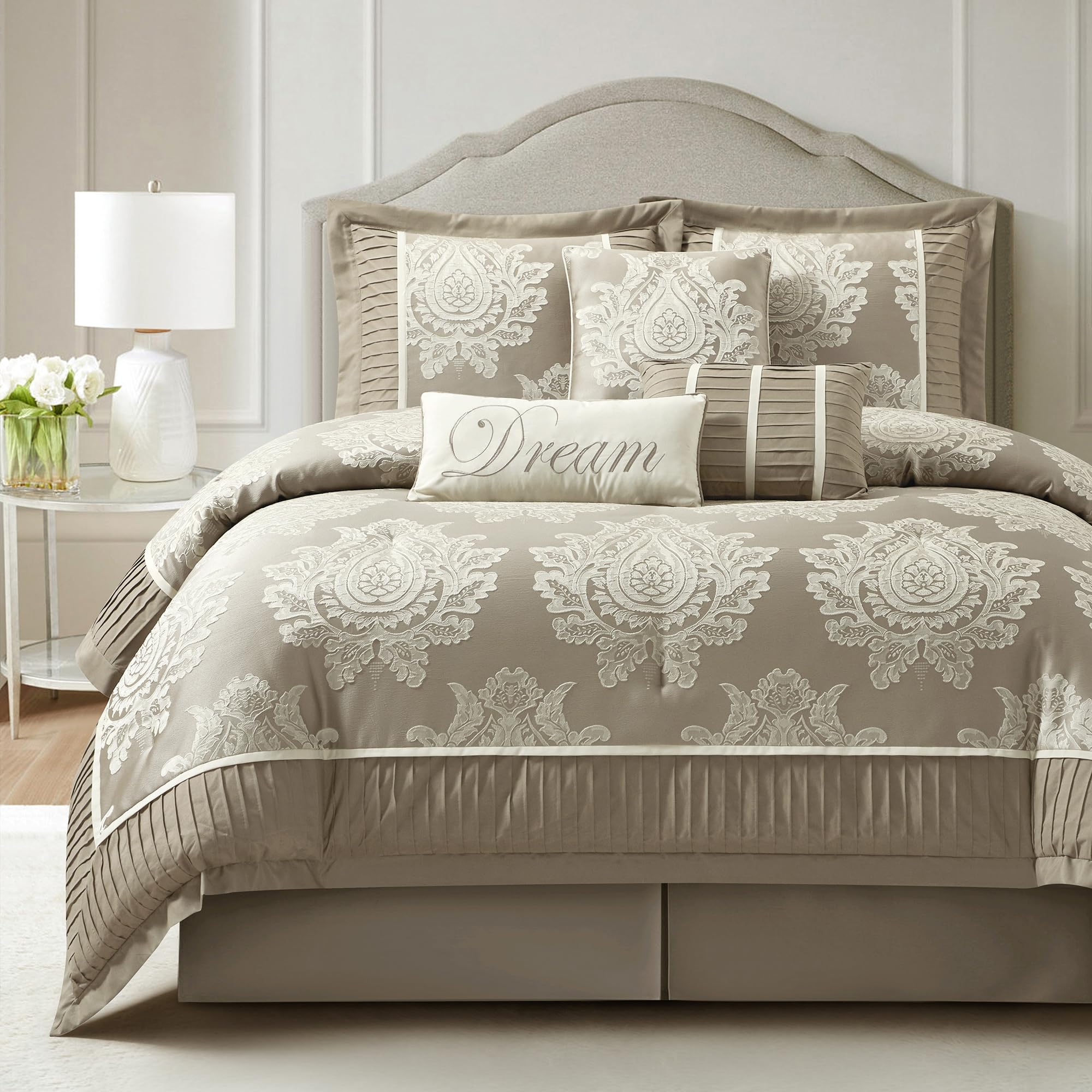 Beige King Size Comforter Set Pieces, Jacquard Woven with Damask, Bedding  Set in a Bag Includes Comforter, Bed Skirt, Pillow Shams, and Decorative