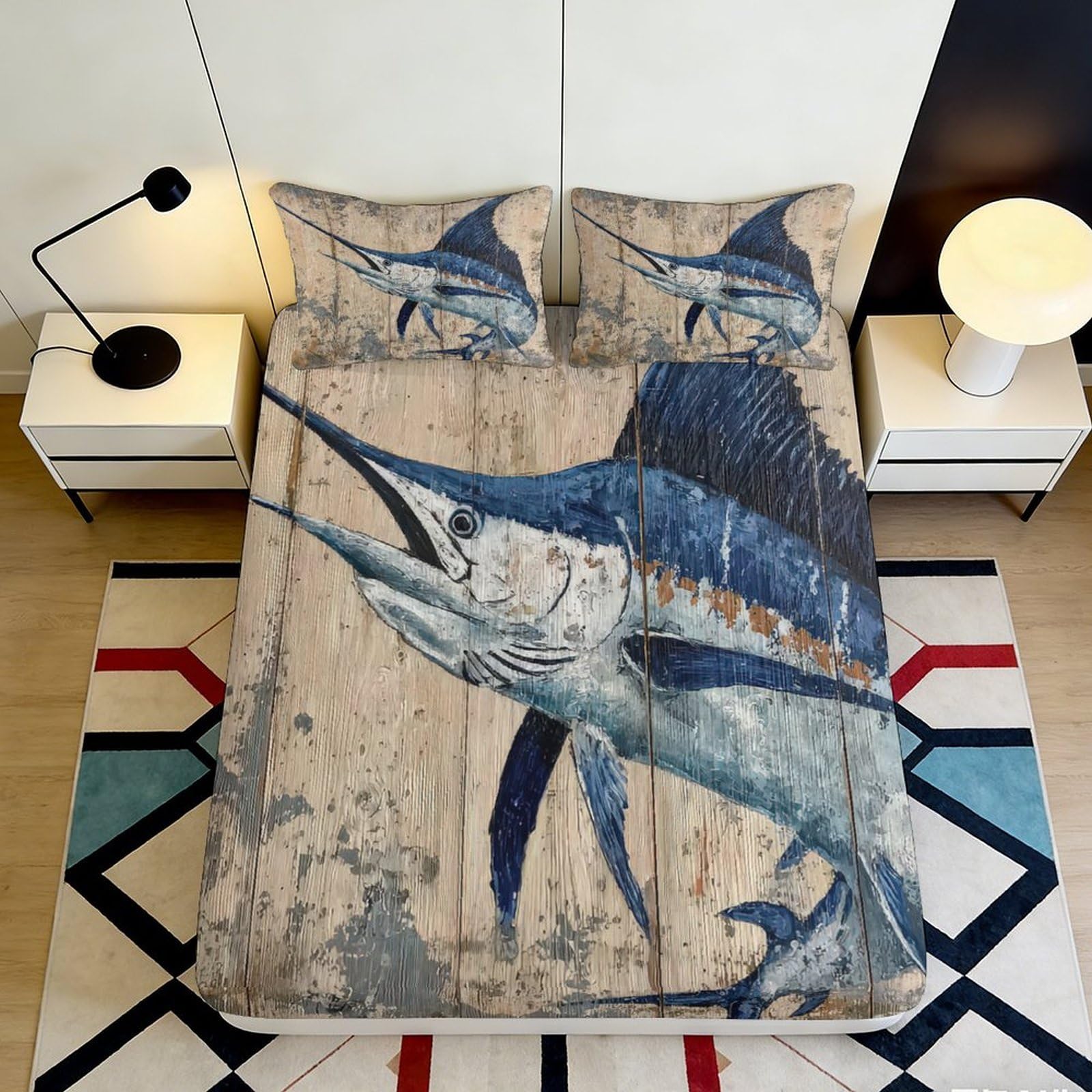 3D Printed Blue Marlin Ocean Fitted Sheet Microfiber Soft Washable Fish Art Mattress Cover Bedroom Decor 120x200cm 90x200x25cm