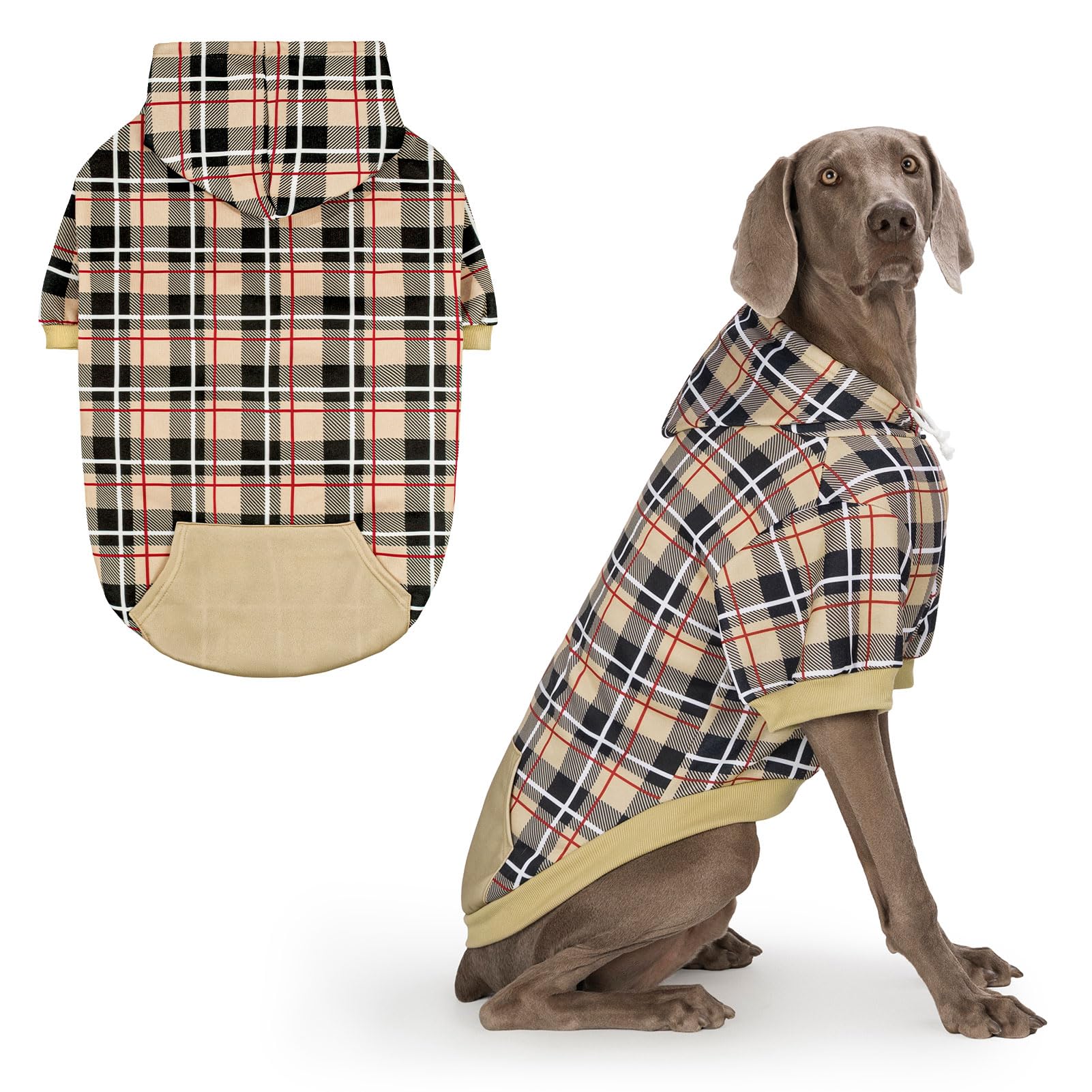 EXPAWLORER Plaid Dog Hoodie - Soft Sweater with Lead Hole, Hooded Cold Weather Dog Coat, XX-Large