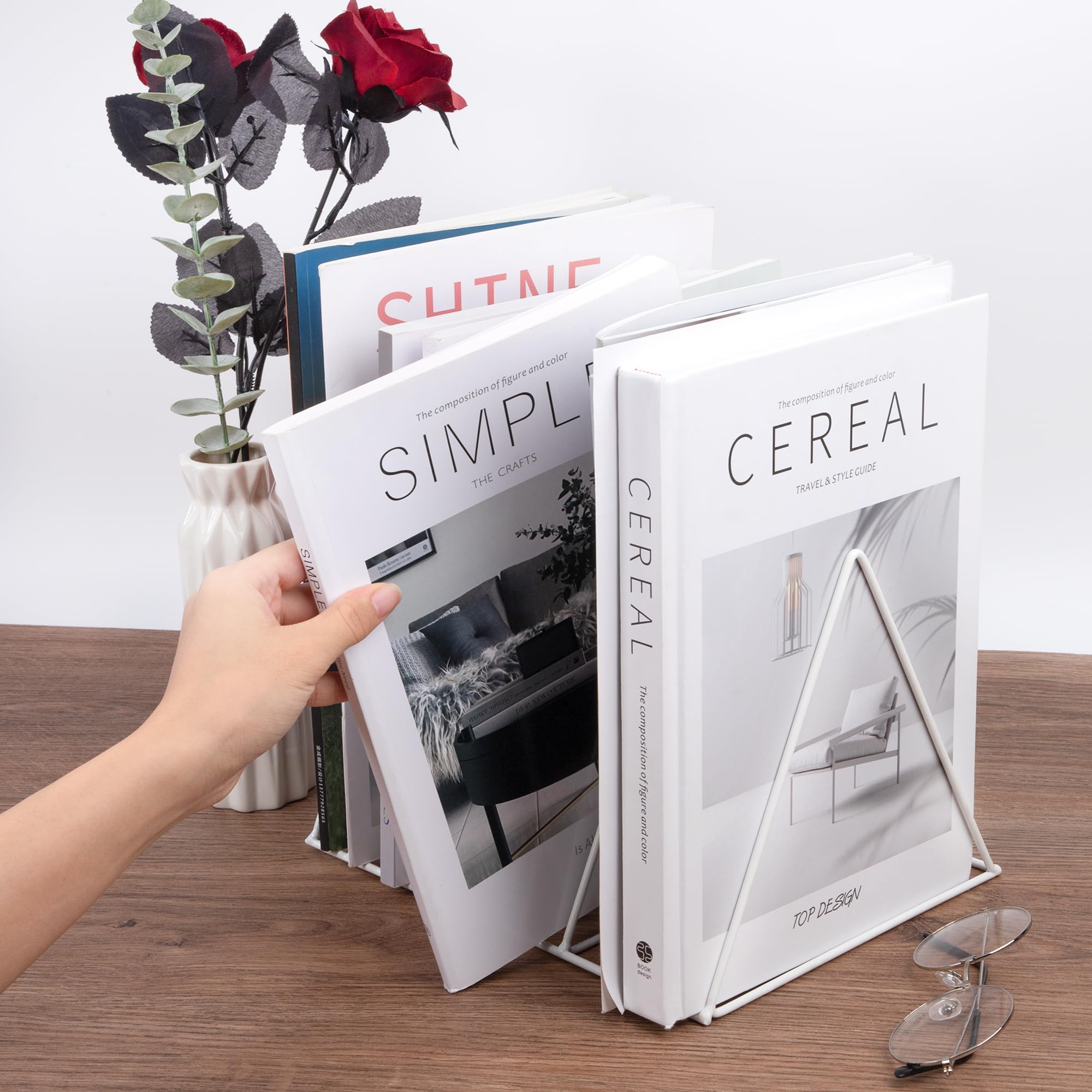 Portariviste Metallo, Porta Giornali, Scrivania Scaffale per Libri Triangolo File Organizer Supporto Rack Decor per Scaffali, Ufficio, Scuola, Biblioteca, Casa, Scuola (Bianco)