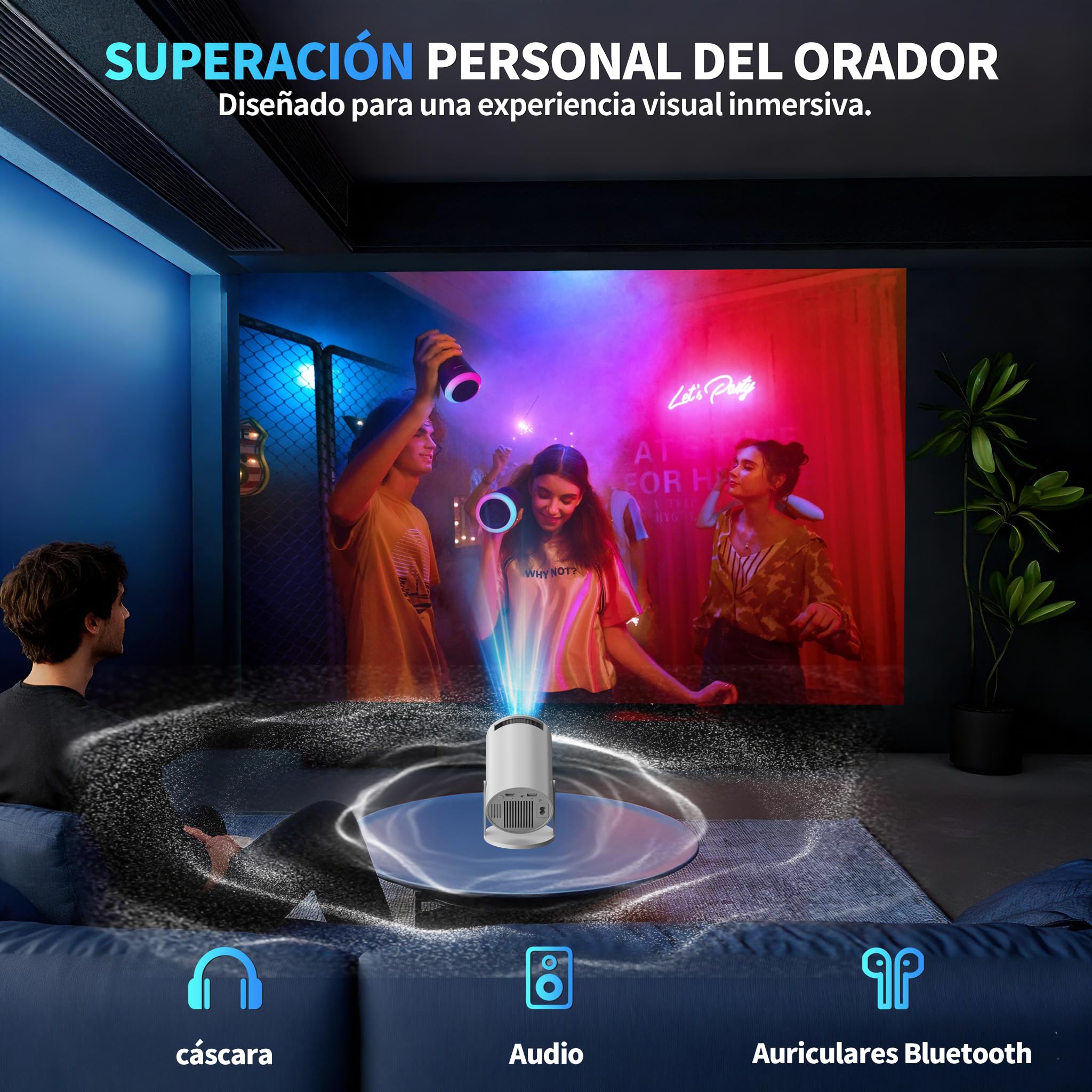 [2026 App Integrada] Mini Proyector 4K Support 1080p con WiFi 6 y Bluetooth 5.2 Proyector portátil con Enfoque automático y corrección Trapezoidal Compatibile con TV Stick/USB/PS5/Laptop,Blanco