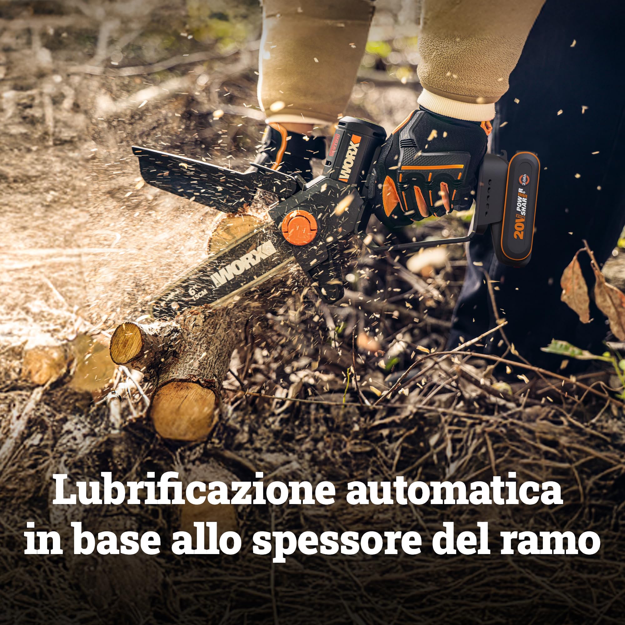 WORX WG327E.9 - Mini motosega a batteria, 20 V, lunghezza spada, 15 cm, motore brushless, cambio e tensione senza attrezzi, senza batteria e caricatore (compatto, leggero e cura degli arbusti)