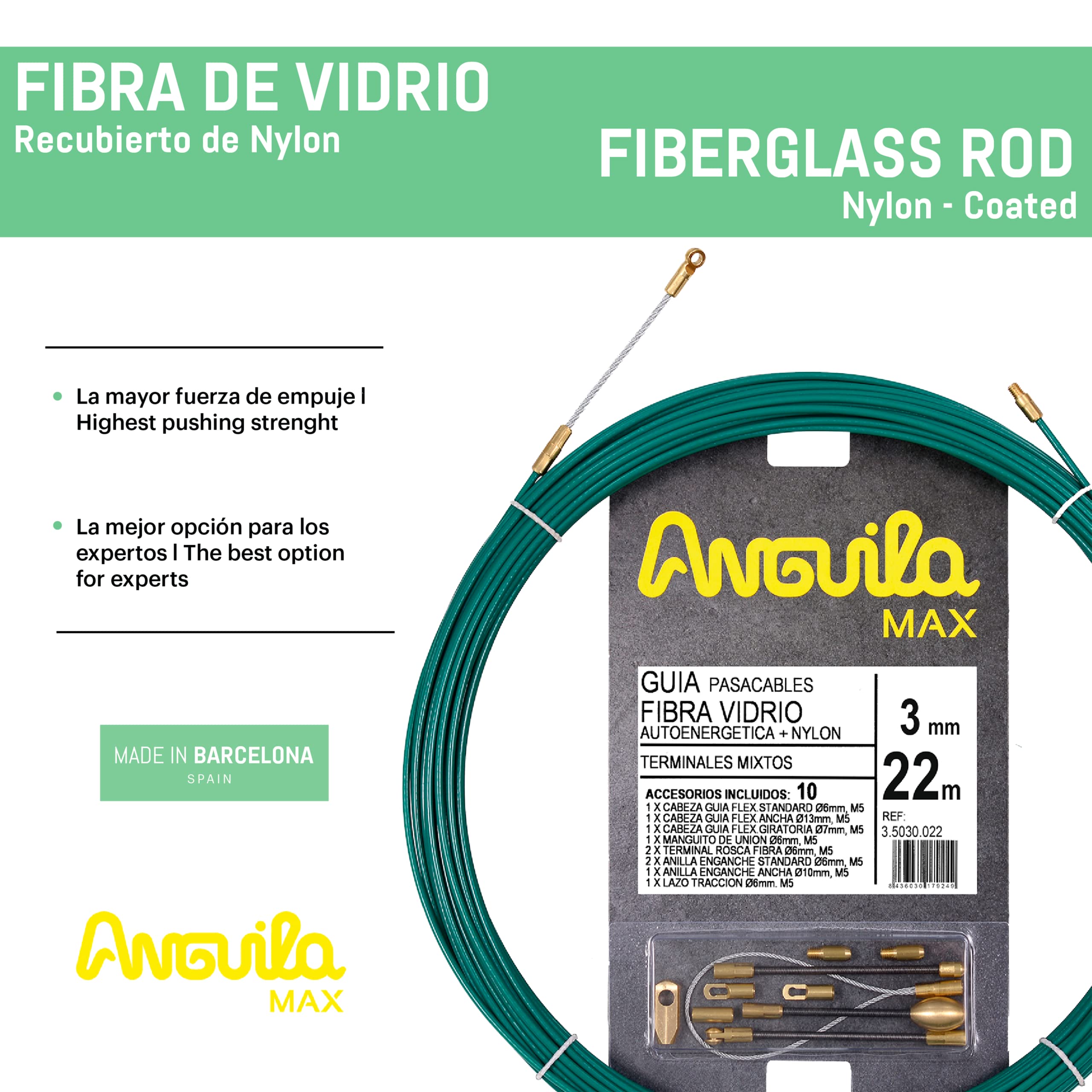 Anguila Max Guía Pasacables Fibra de Vidrio T.Mixtos Verde ⌀3mm 22m