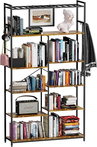 Monesti Estantería de 5 niveles con 6 ganchos, estantería para dormitorio, sala de estar, cocina, estudio y oficina en casa (marrón rústico).